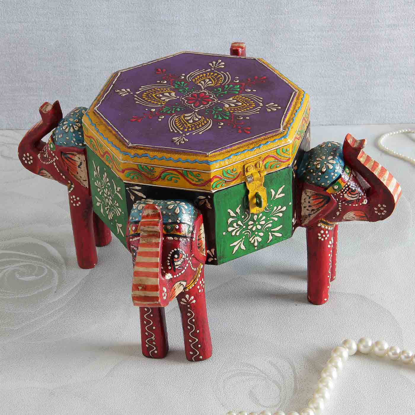 Hexagonal Embossed Painted Wooden Jewelry Box 29682 USA