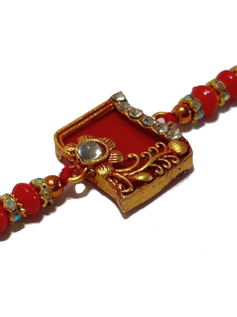 Blissful Rakhi W/ Ruby Like Stone Surrounded W/ Craft + Roli & Chaval ...
