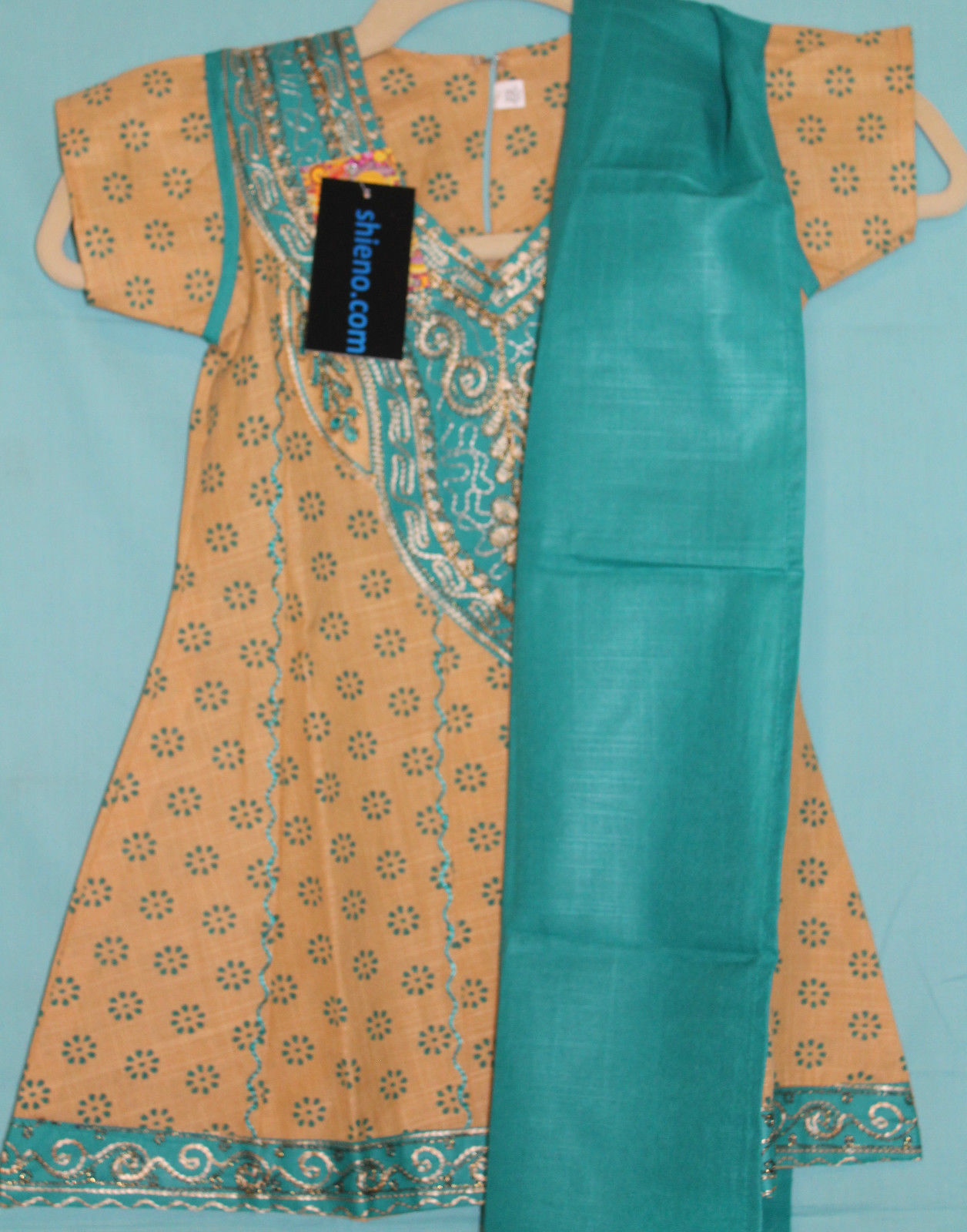 Girls 4 to 10 Year Beige Turquoise Cotton Anarkali Churidar Suit #37091 ...