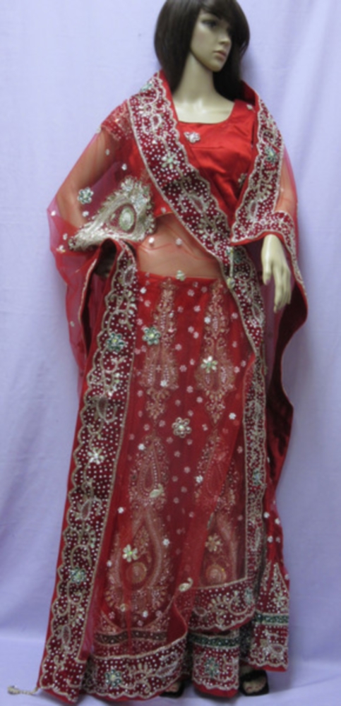 Red Net Indian Bridal Wear Designer Lehenga Choli (M)