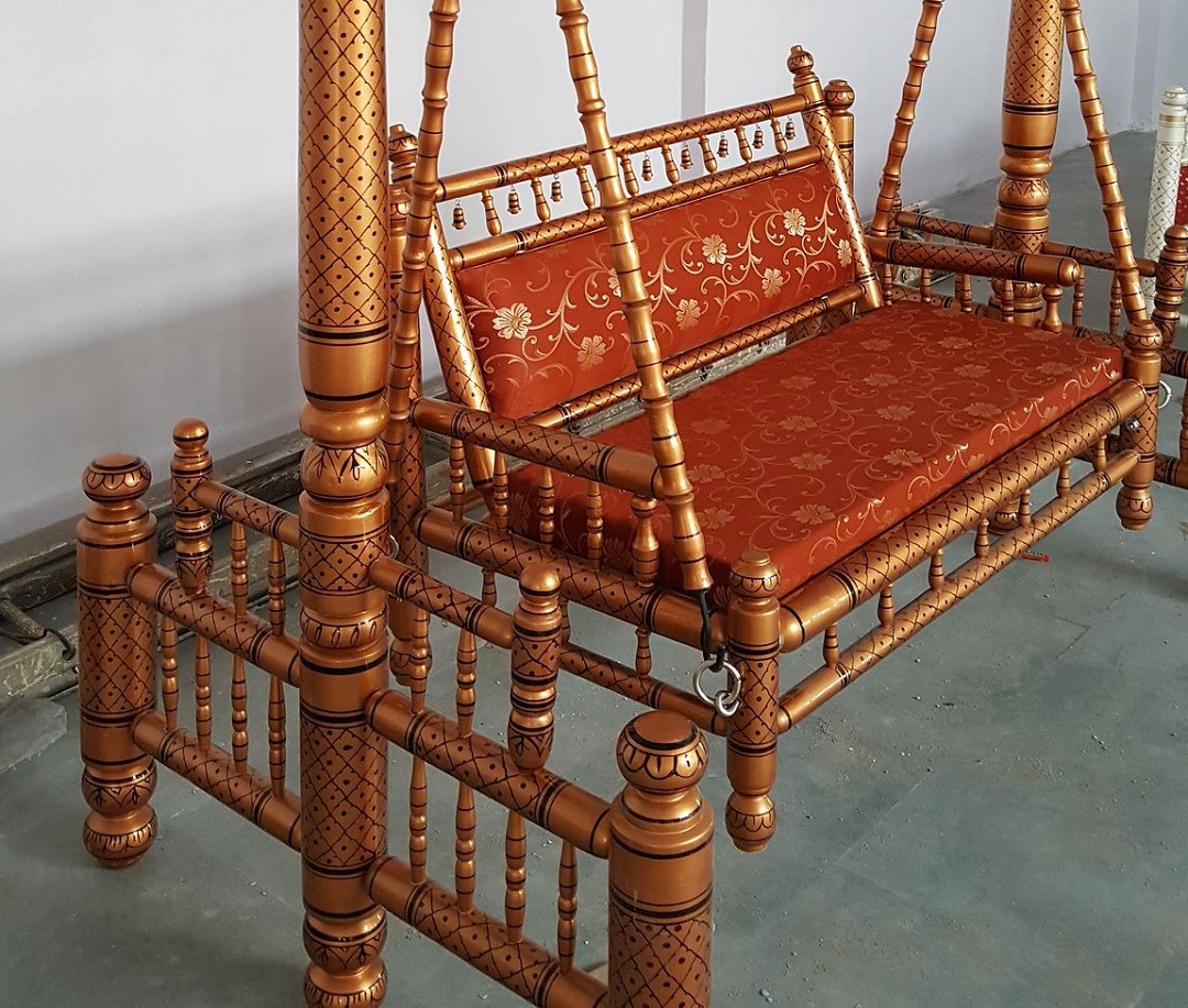 Handcrafted Sankheda Design Wooden Jhula / Indoor Indian Swing Bronze