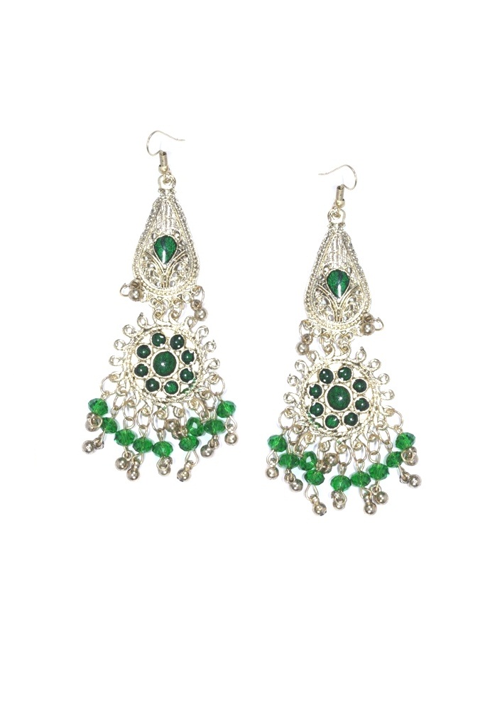 Afghan Metal Long Earrings - Green