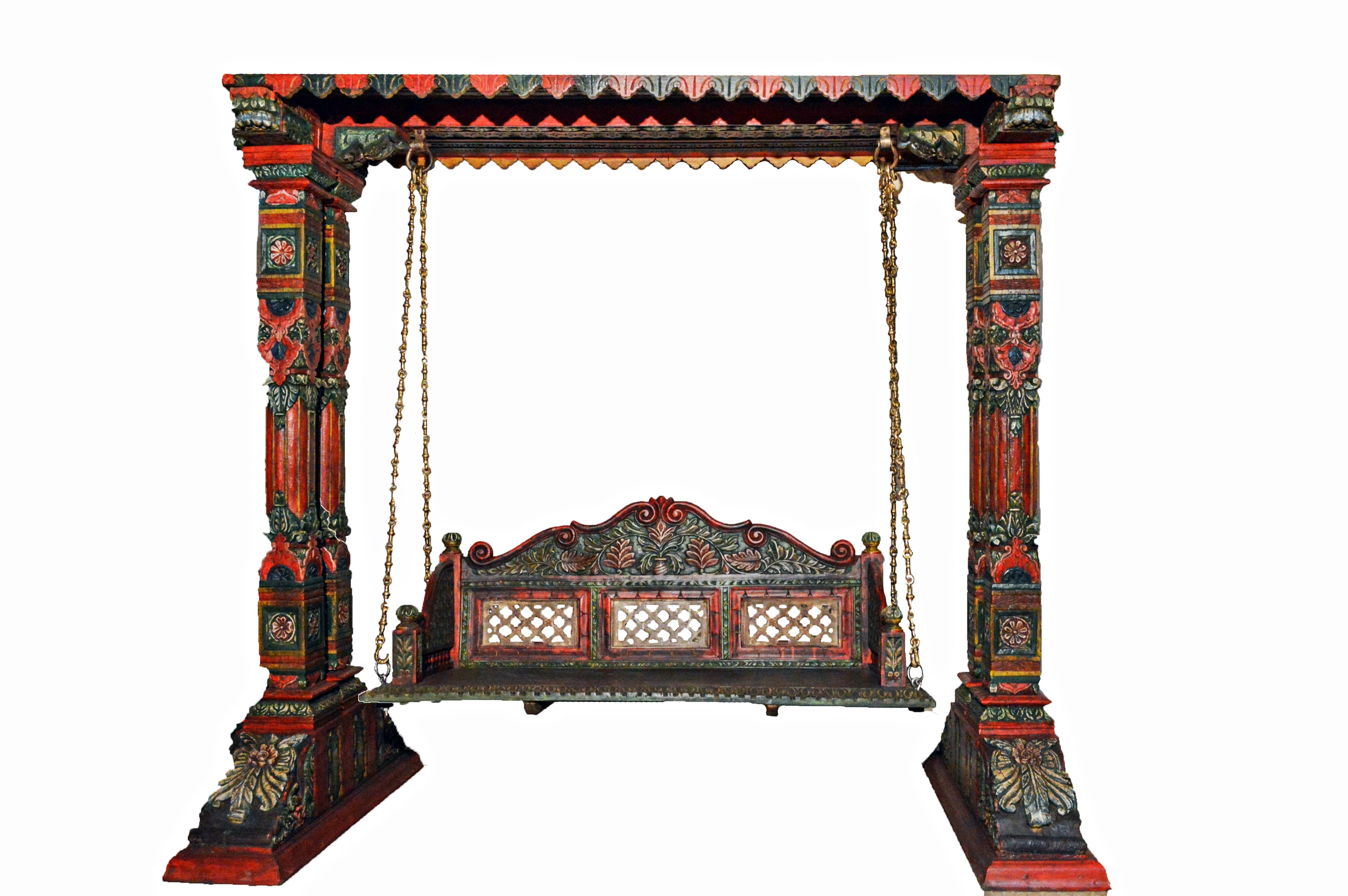 Two Pillar Design Painted Wooden Carved Royal Swing Set