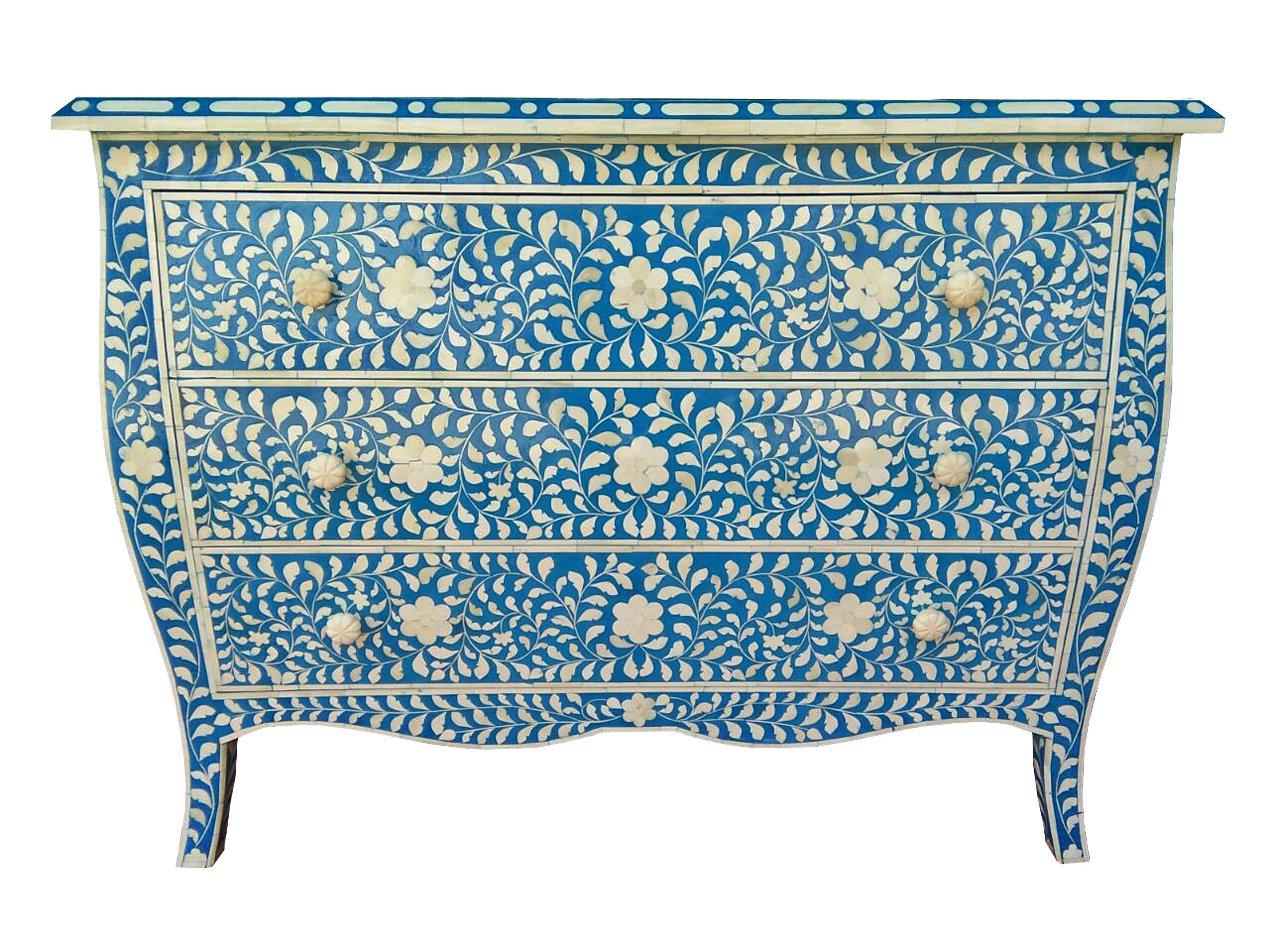 Curved French Style Bone Inlay Dresser Chest in Blue 42" Curved French Style Bone Inlay Dresser Chest in Blue 42"