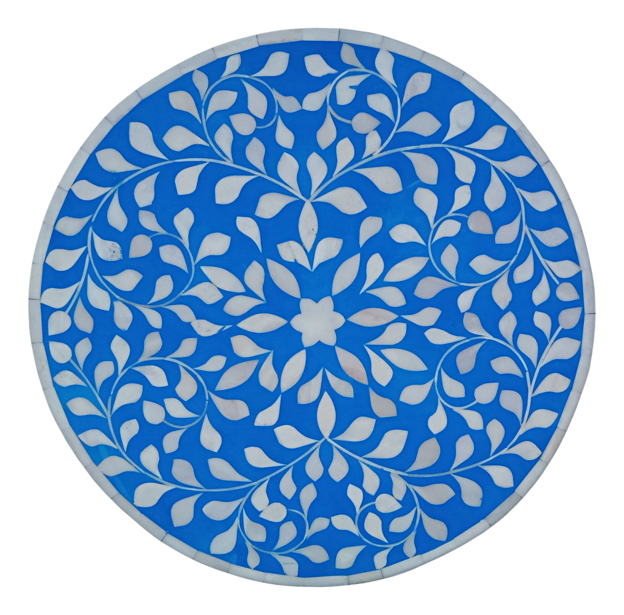 Floral Bone Inlay Blue 13 Inch Round Accent Table / End Table For