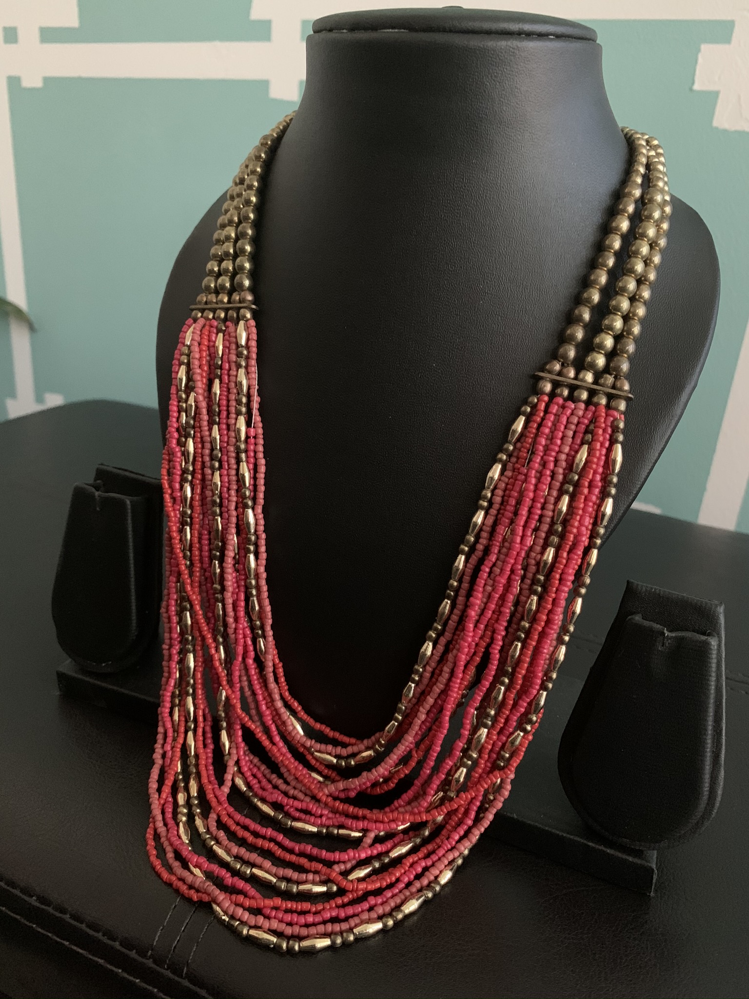 Pink and Gold Multi Layer Bead Necklace #41513 | Buy Bead Necklace Online