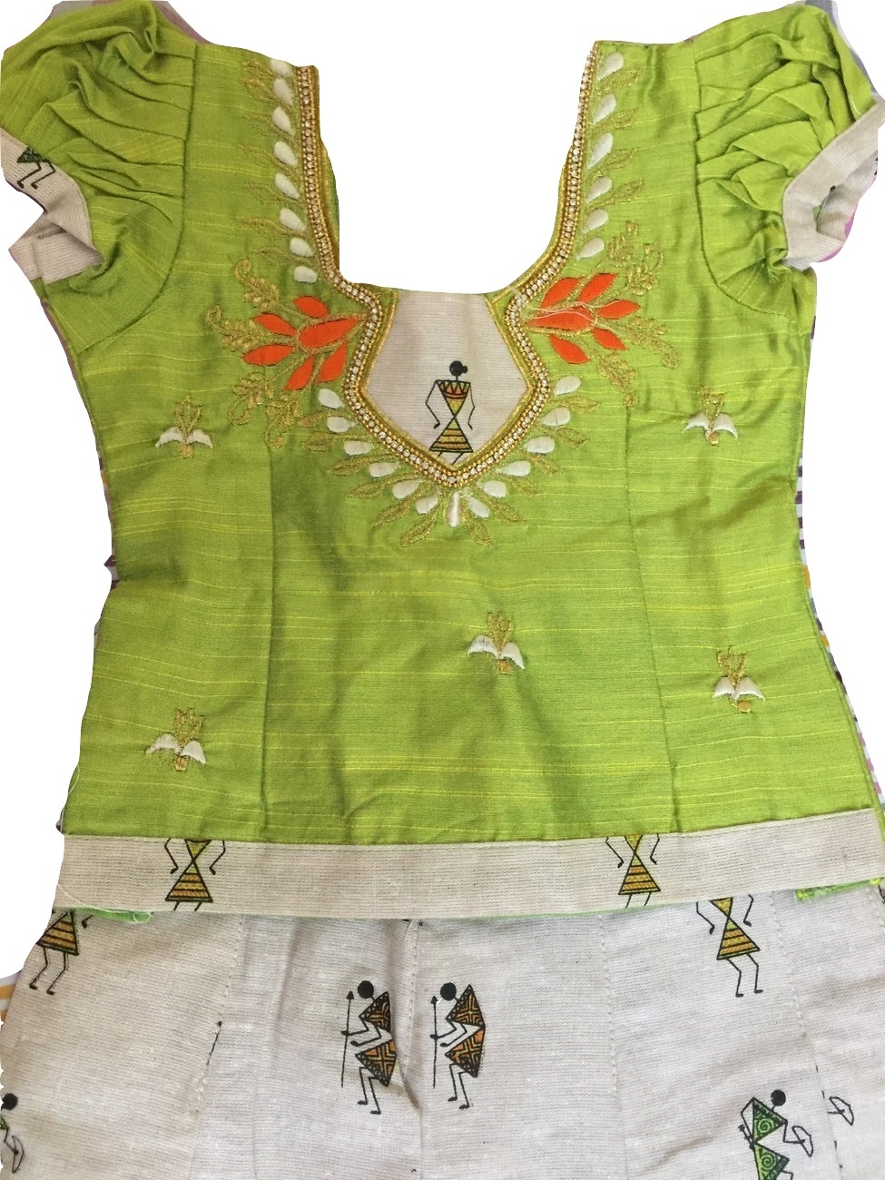 Cream and Green Pattu Pavada / Pattu Parikini - Size 14 ( 6month to ...