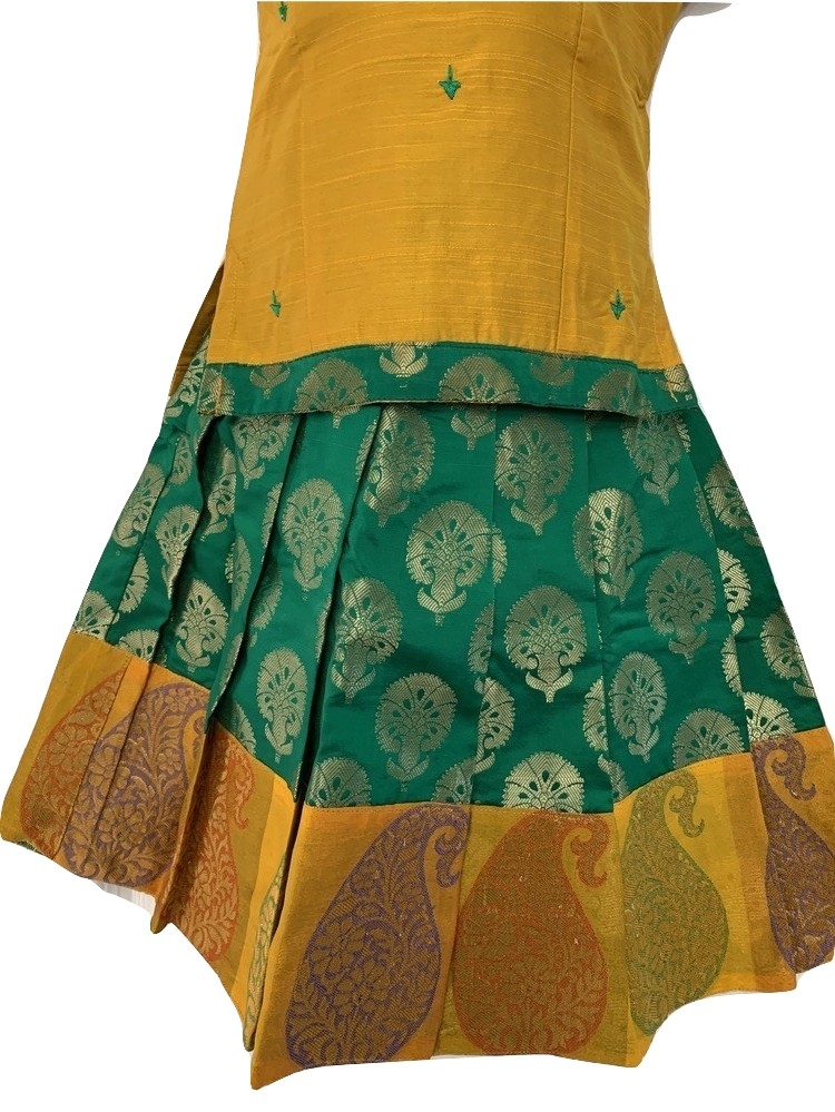 Green and Mustard Color Chanderi Pattu Pavada Available In Three Sizes ...