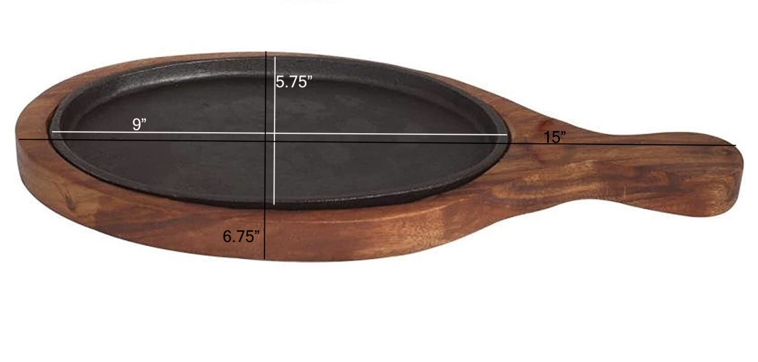 CAst iron sizzler plate with wooden base