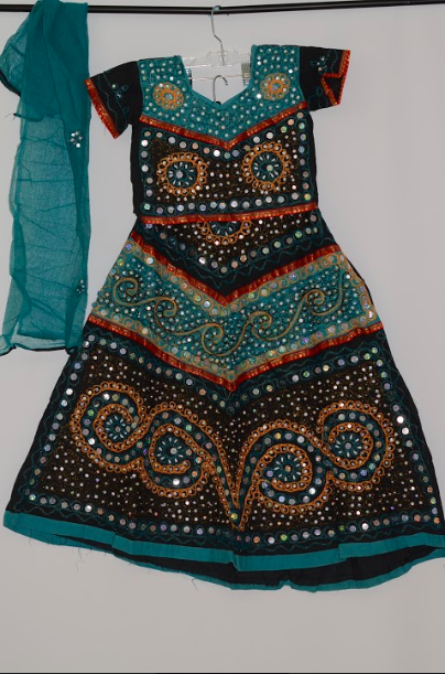 Girls Black & Mutli Garba Cotton Dress w/ Stole & Adjustable Blouse