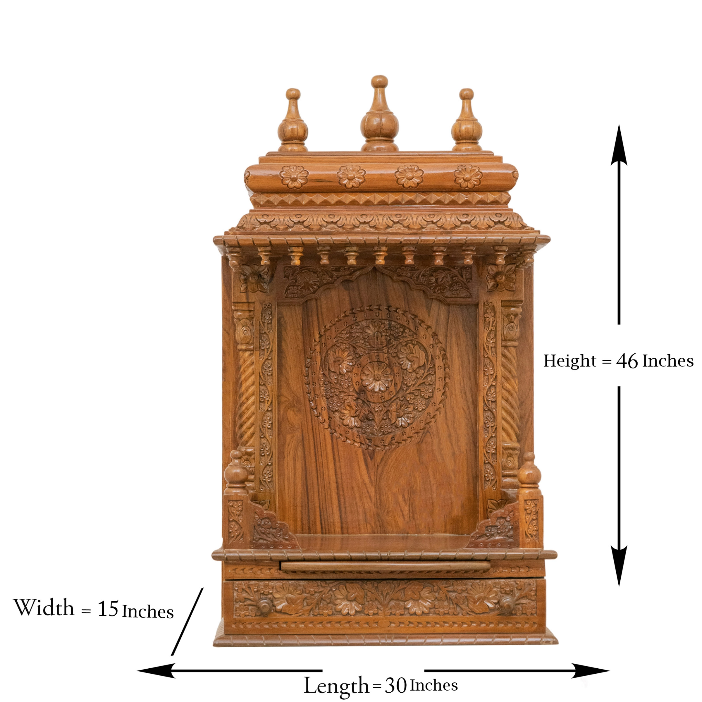 Display an image of the gopura wooden mandir with clear markings of its dimensions