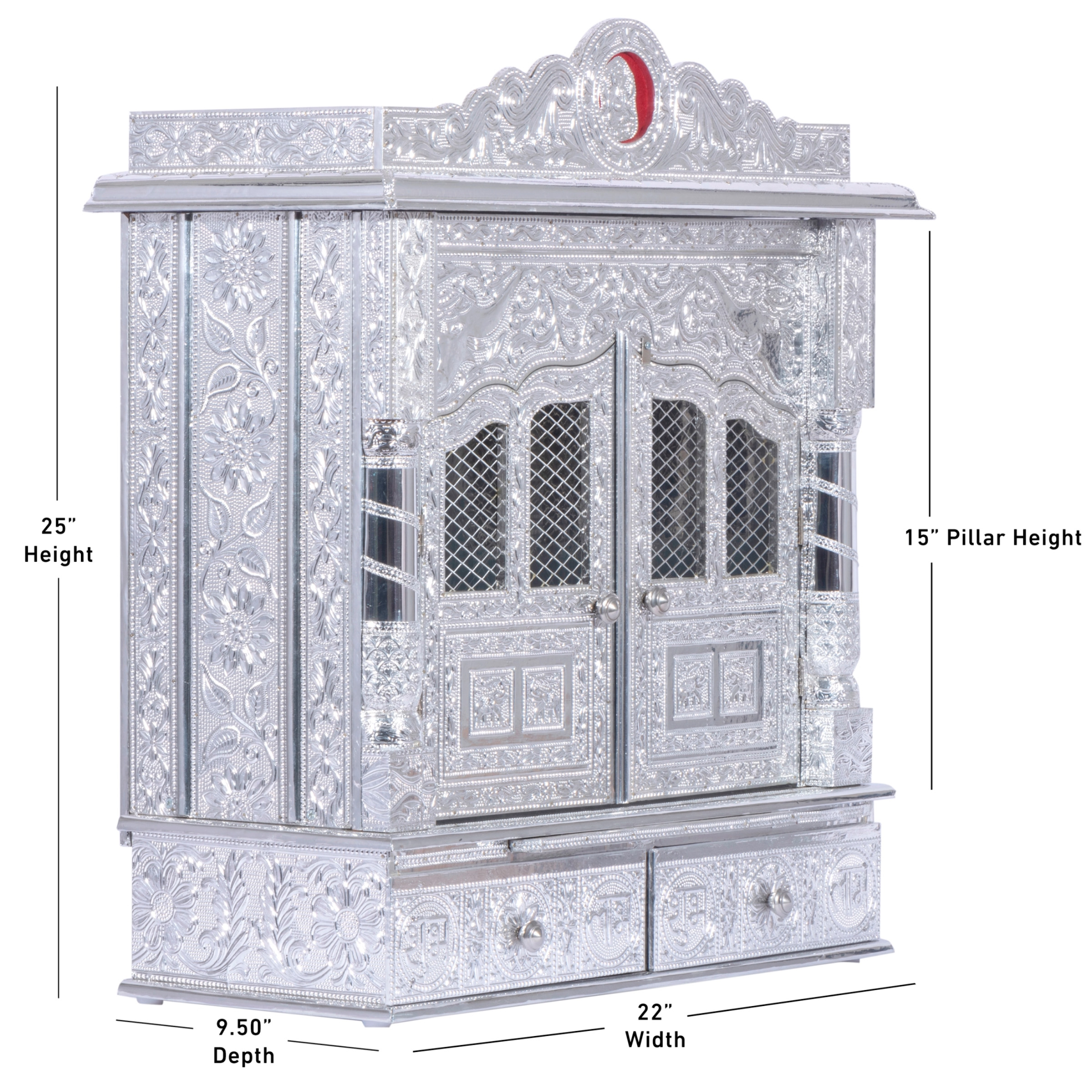 Display an image of the Pure Silver color Mandir with clear markings of its dimensions