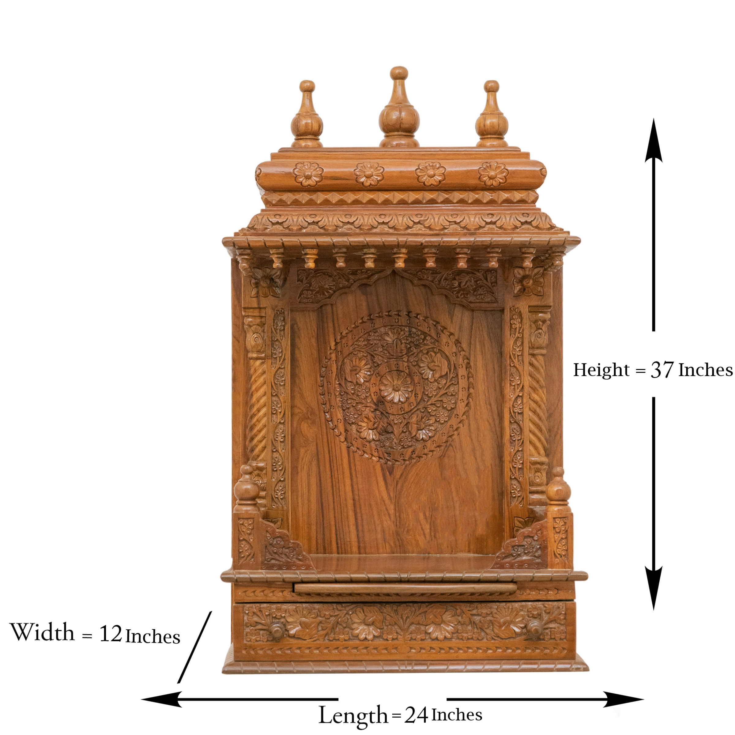 Display an image of the gopura wooden mandir with clear markings of its dimensions