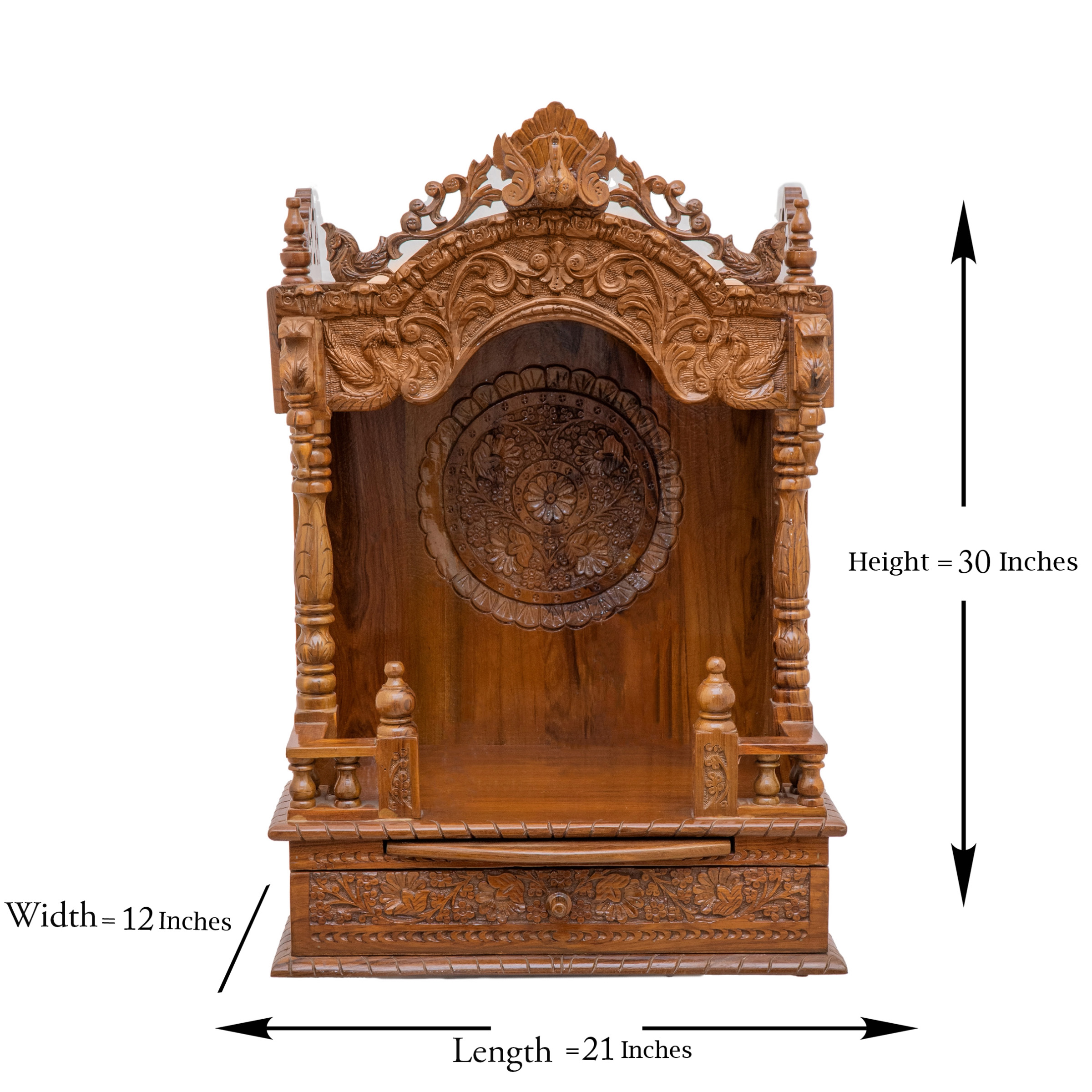 Display an image of the mandap wooden mandir with clear markings of its dimensions