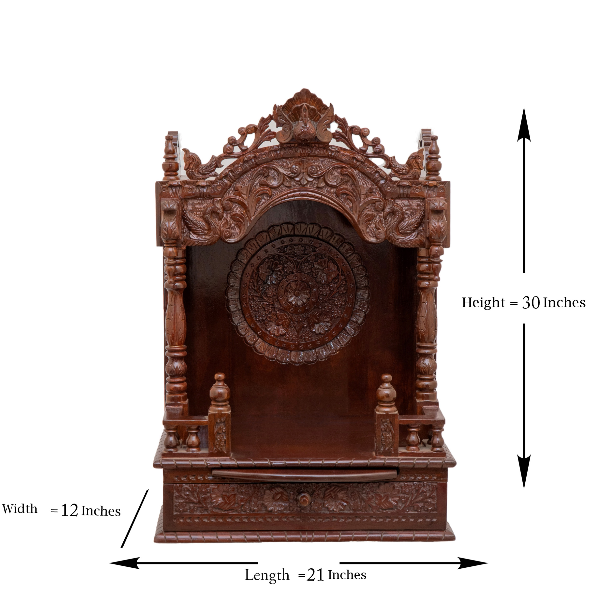 Display an image of the mandap wooden mandir with clear markings of its dimensions