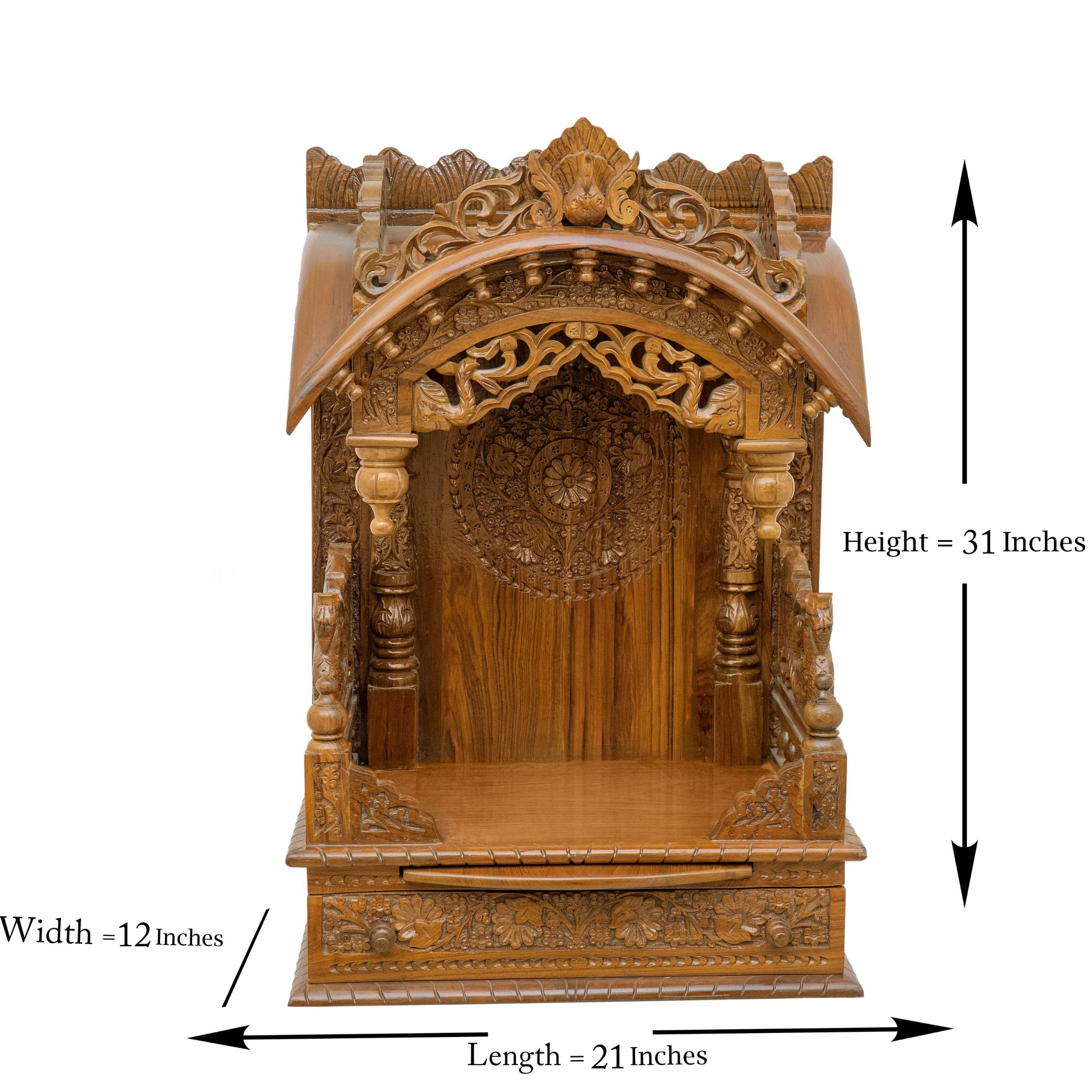 Display an image of the torana wooden mandir with clear markings of its dimensions