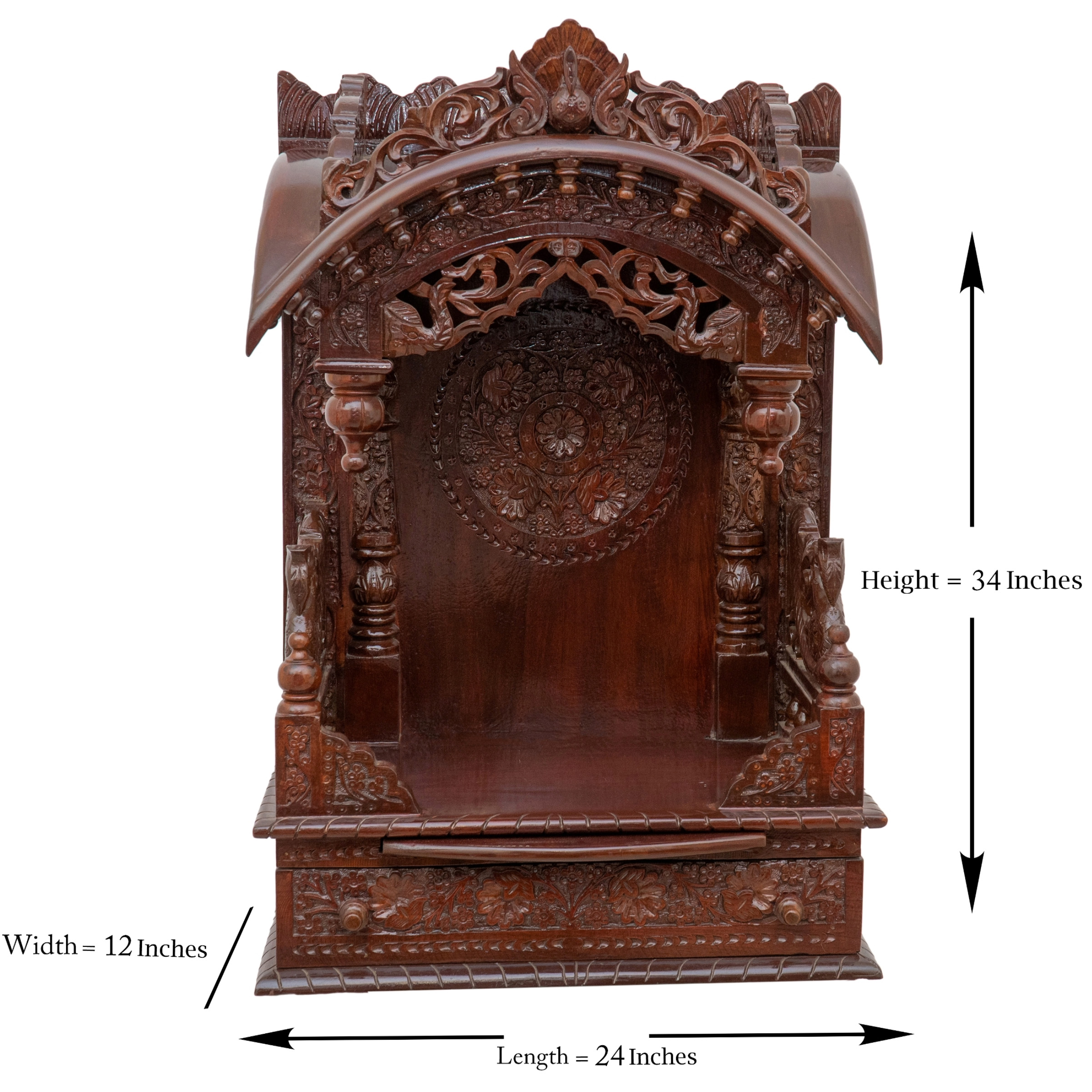 Display an image of the torana wooden mandir with clear markings of its dimensions