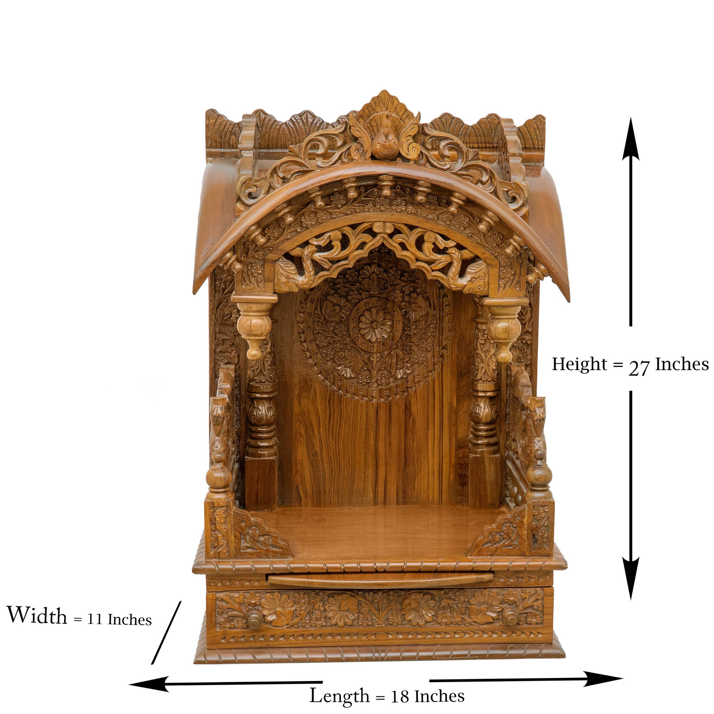 Display an image of the torana wooden mandir with clear markings of its dimensions