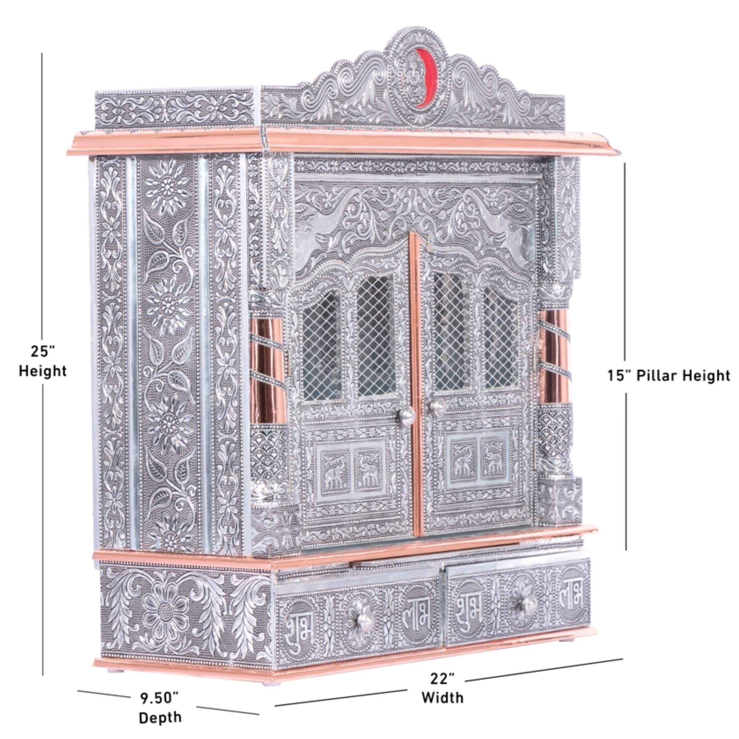 Display an image of the copper oxidized mandir with clear markings of its dimensions