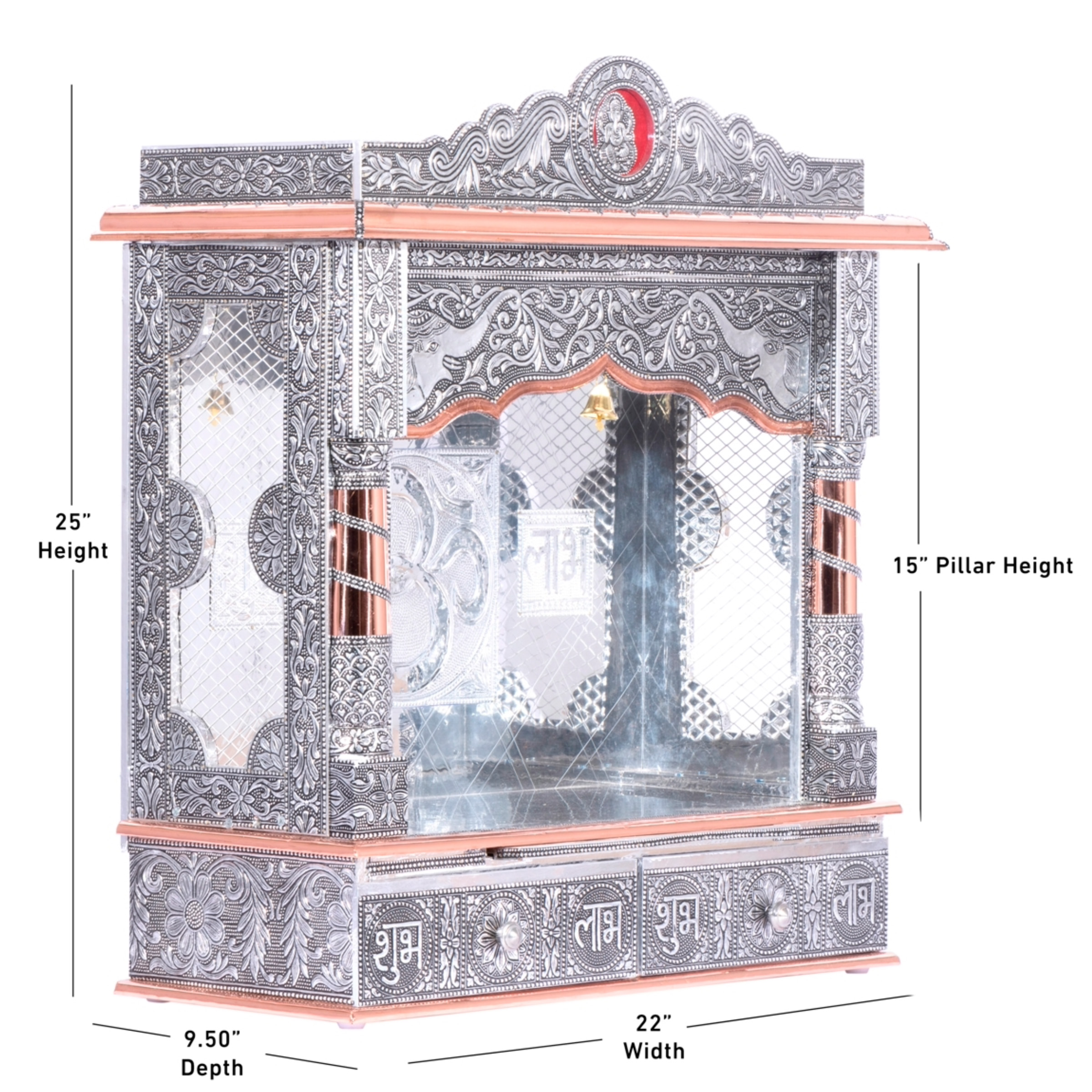Display an image of the copper oxidized mandir with clear markings of its dimensions