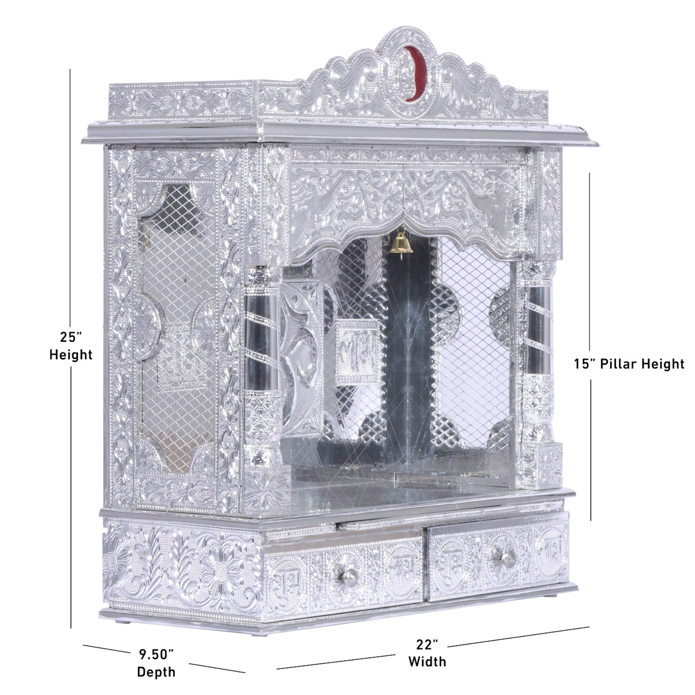 Display an image of the Pure Silver Color Mandir with clear markings of its dimensions