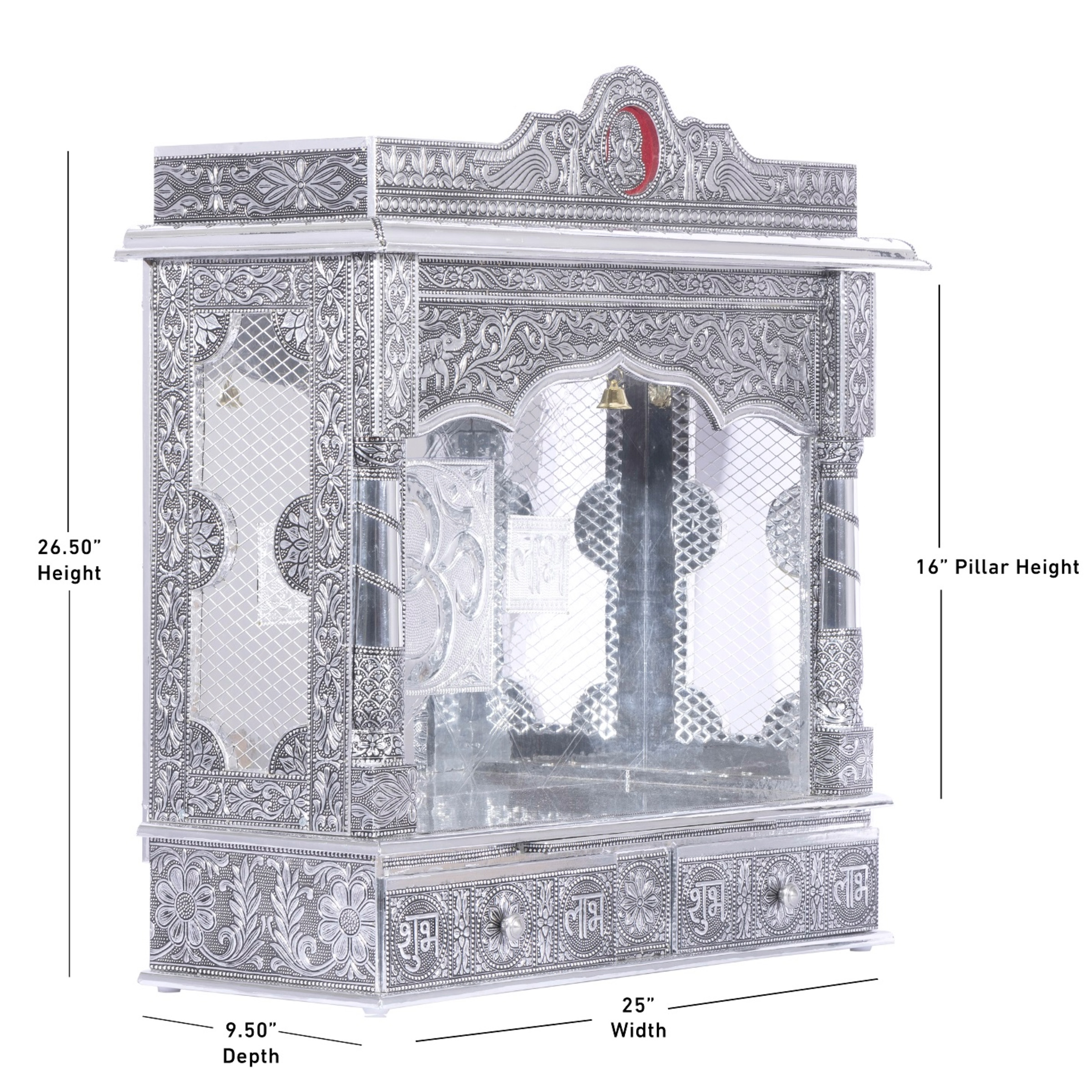 Display an image of the White Oxidized Home Pooja Mandir with clear markings of its dimensions