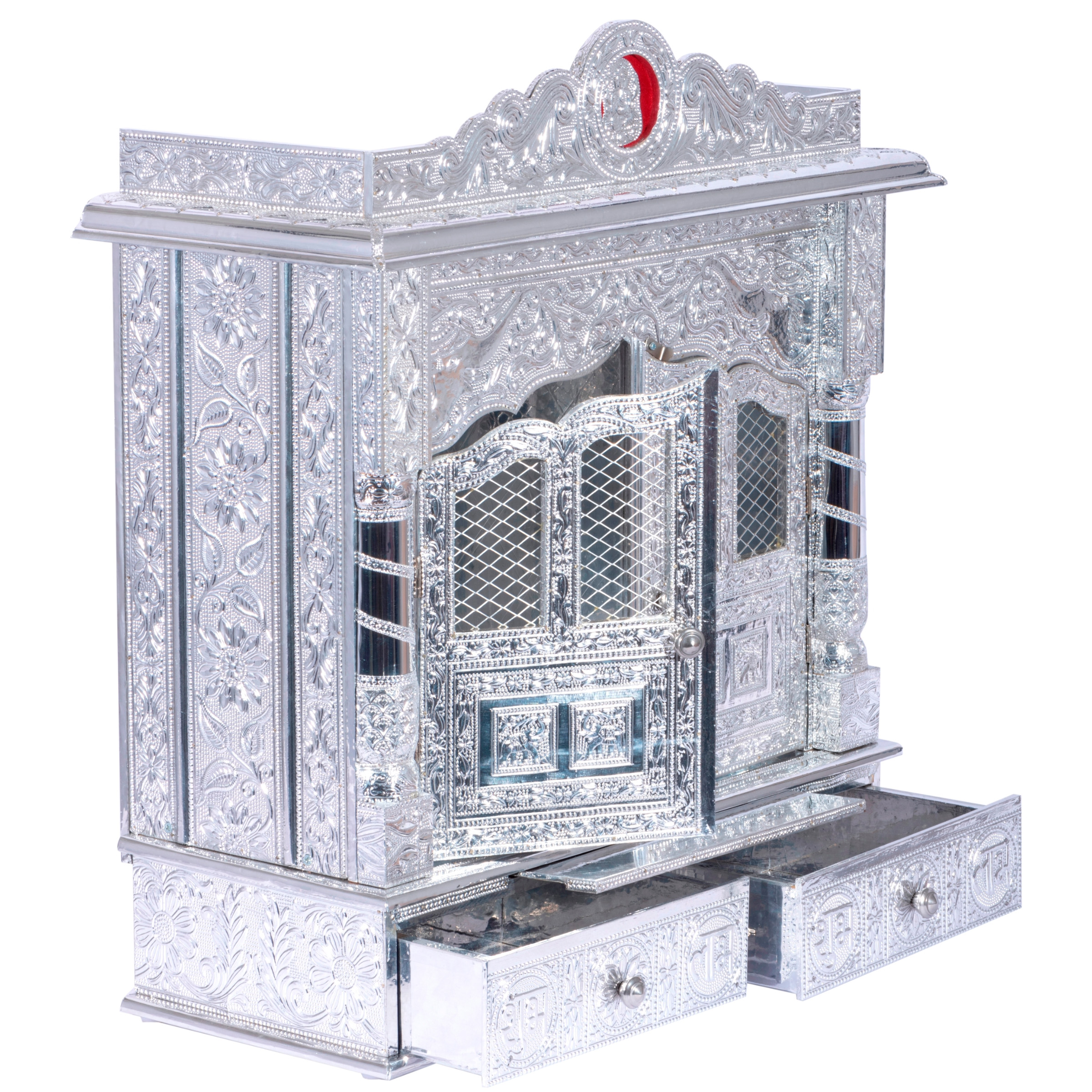 Present the Pure Silver color Mandir aligned to the right side of the image, and the rest of the space depicted as a well-decorated room
