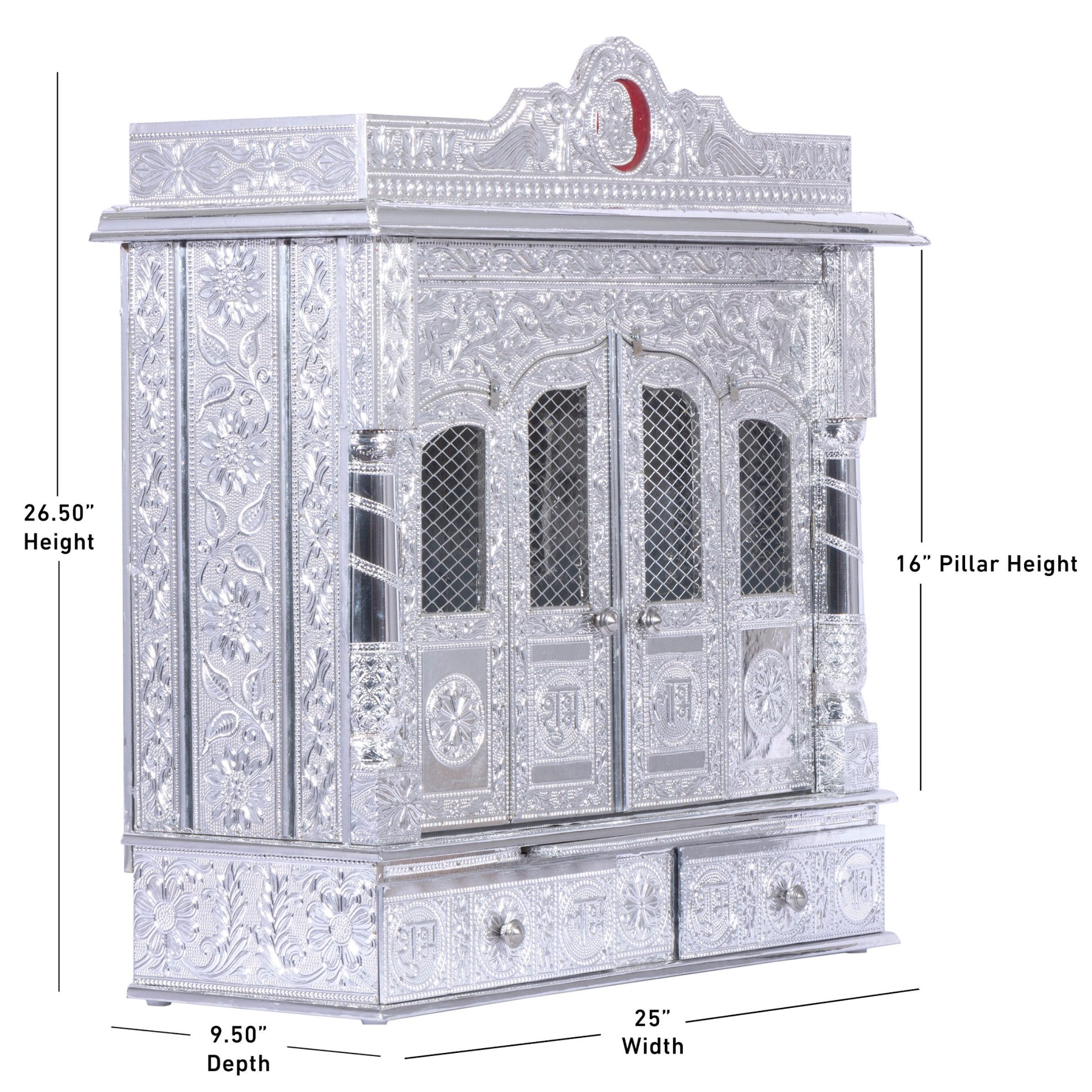 Display an image of the Pure Silver color Mandir with clear markings of its dimensions