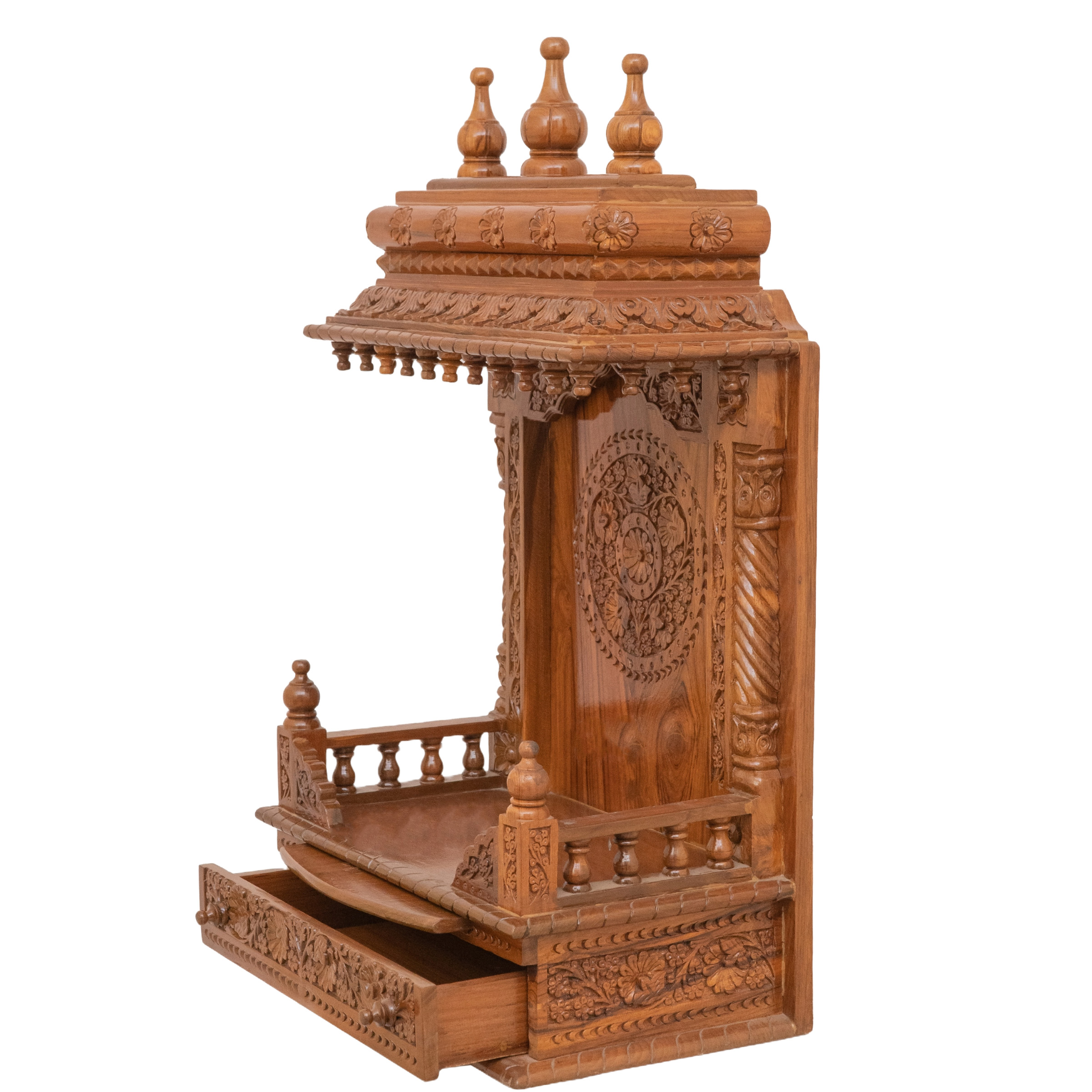 Feature the gopura wooden mandir positioned to the left side of the image