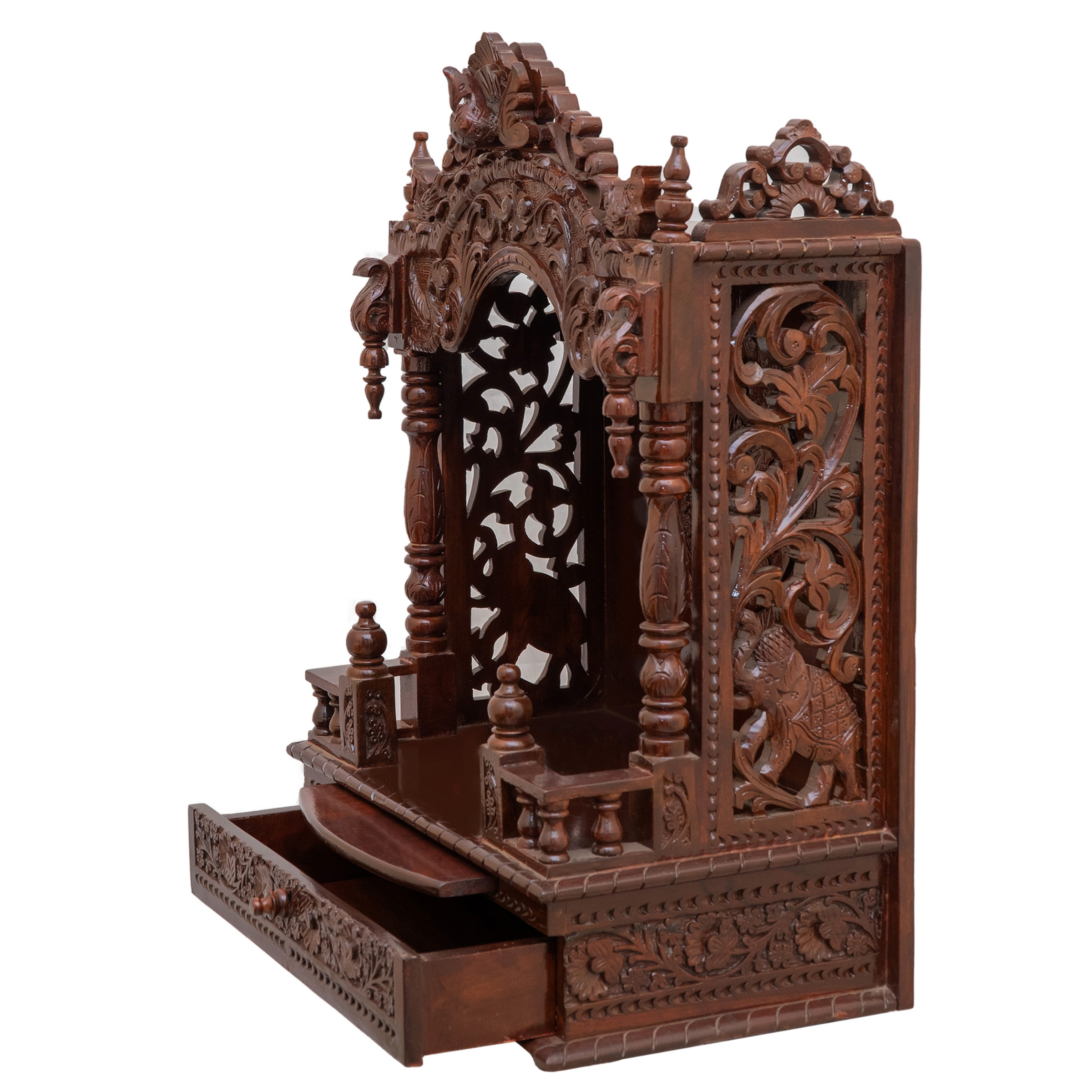 Feature the mandap wooden mandir positioned to the left side of the image