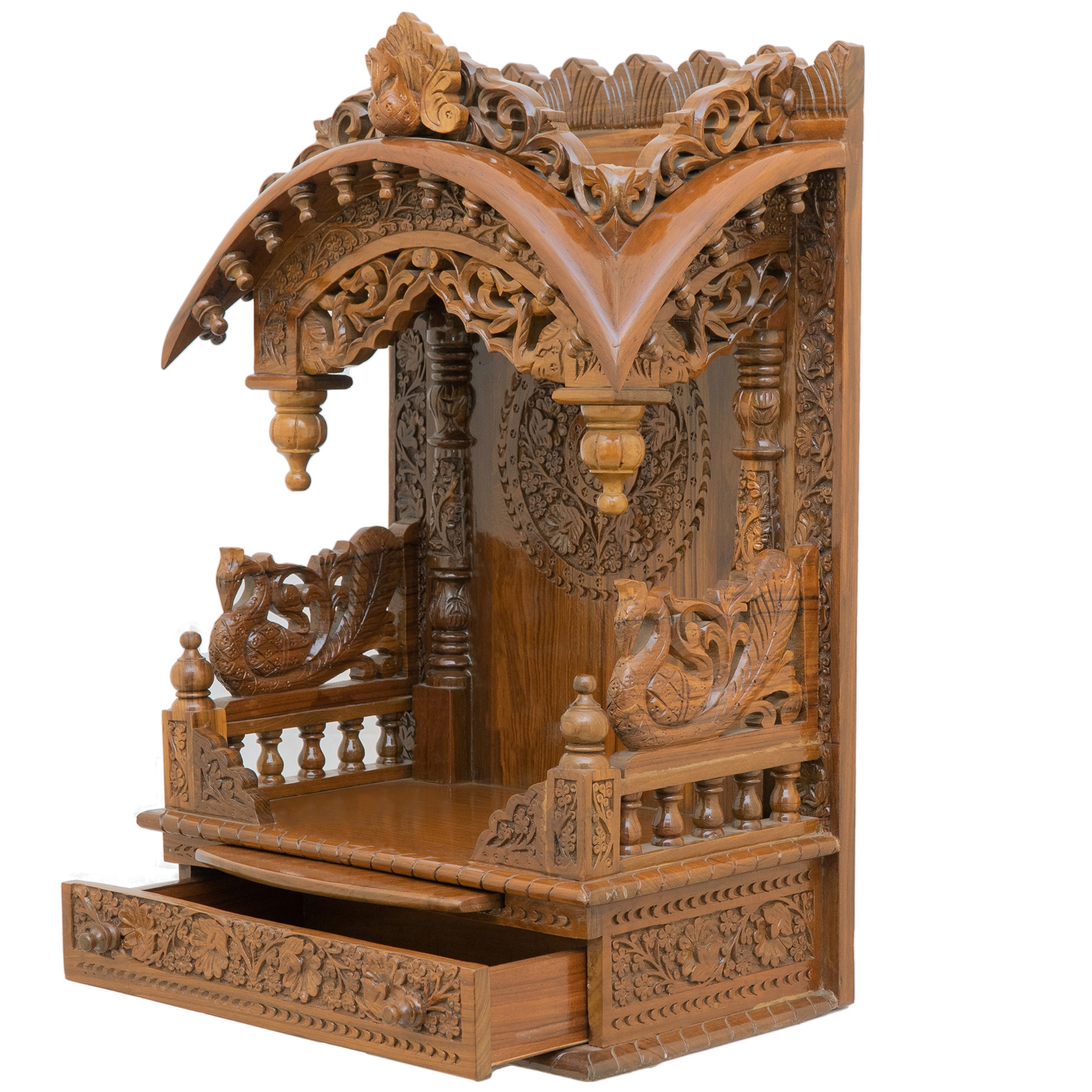 Feature the torana wooden mandir positioned to the left side of the image