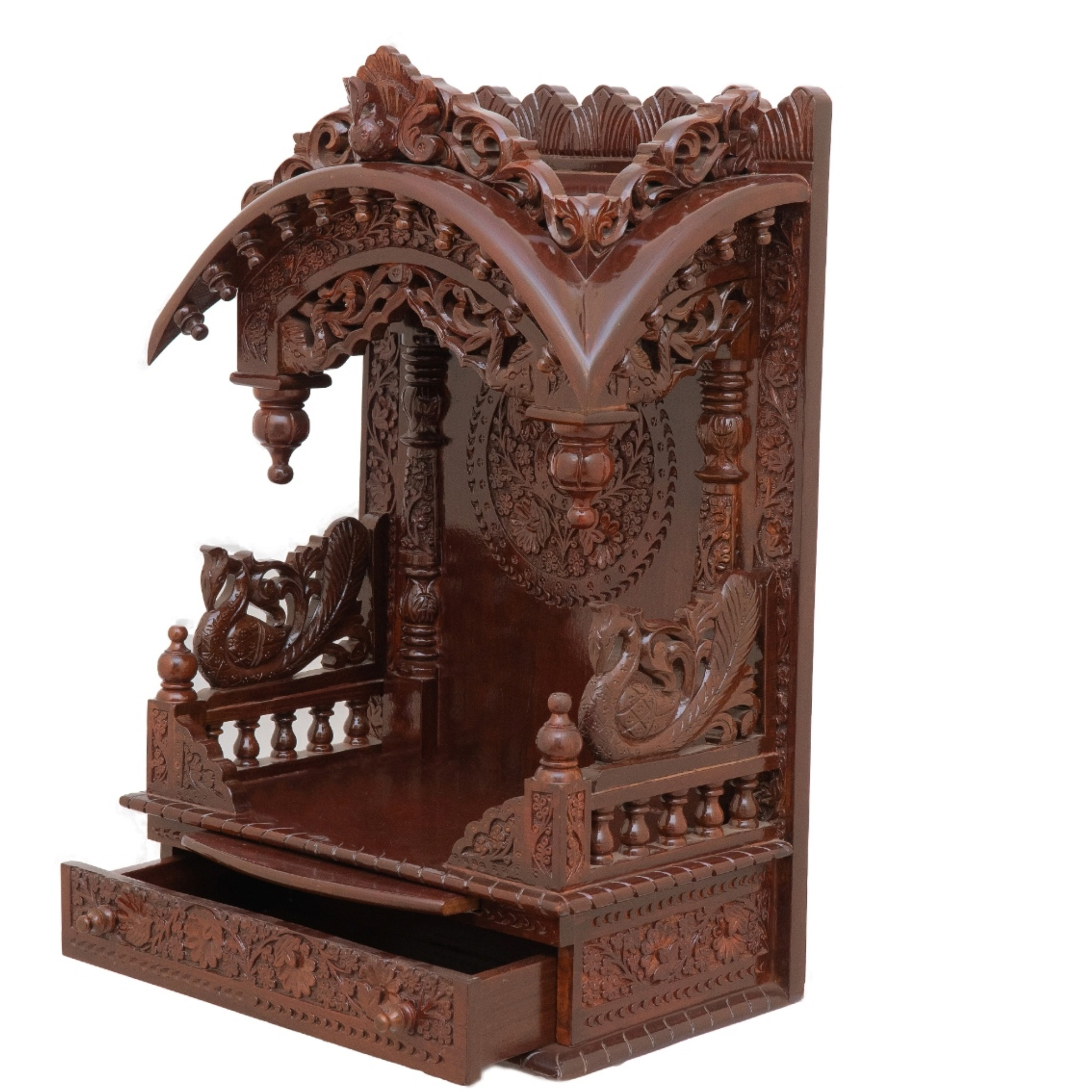 Feature the torana wooden mandir positioned to the left side of the image