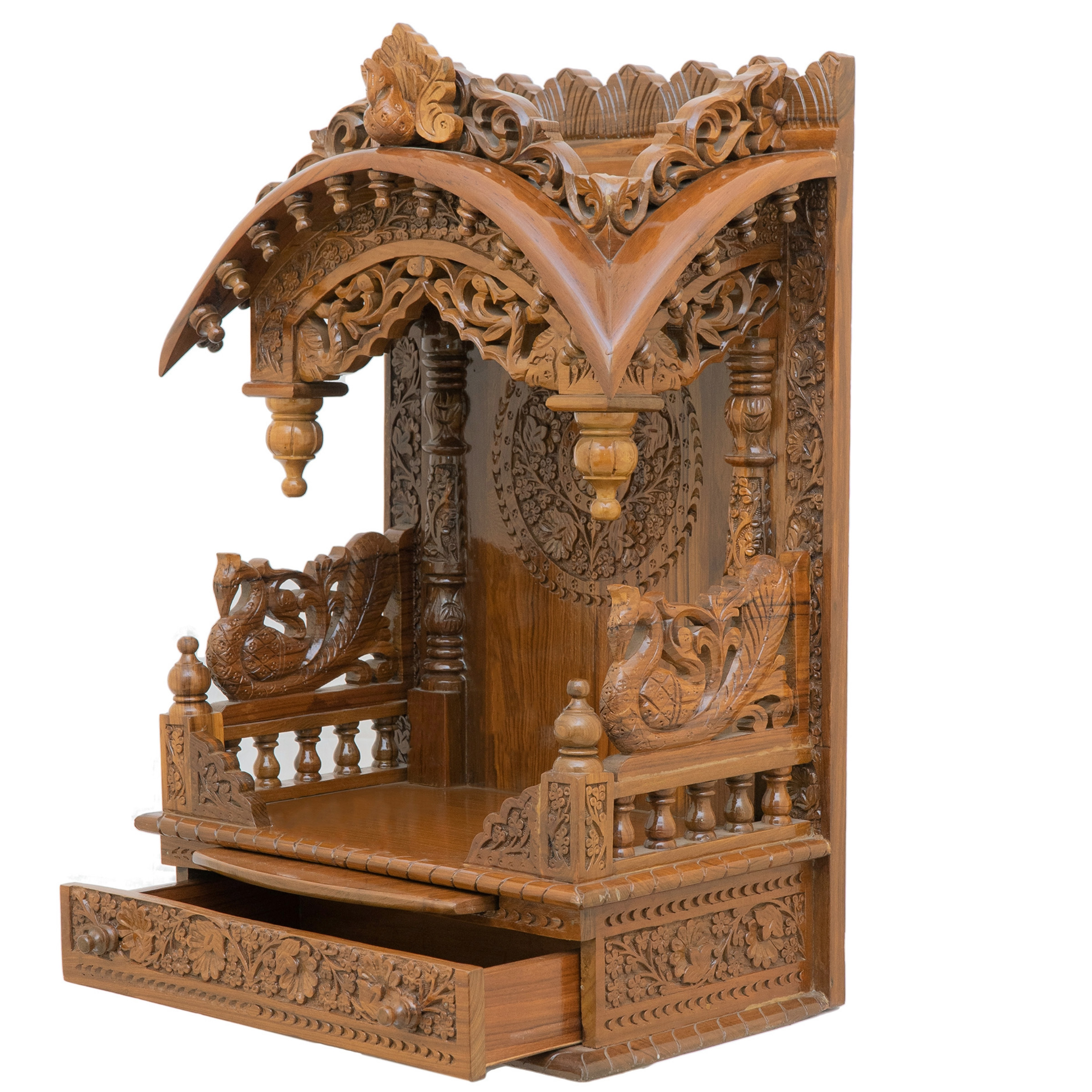 Feature the torana wooden mandir positioned to the left side of the image