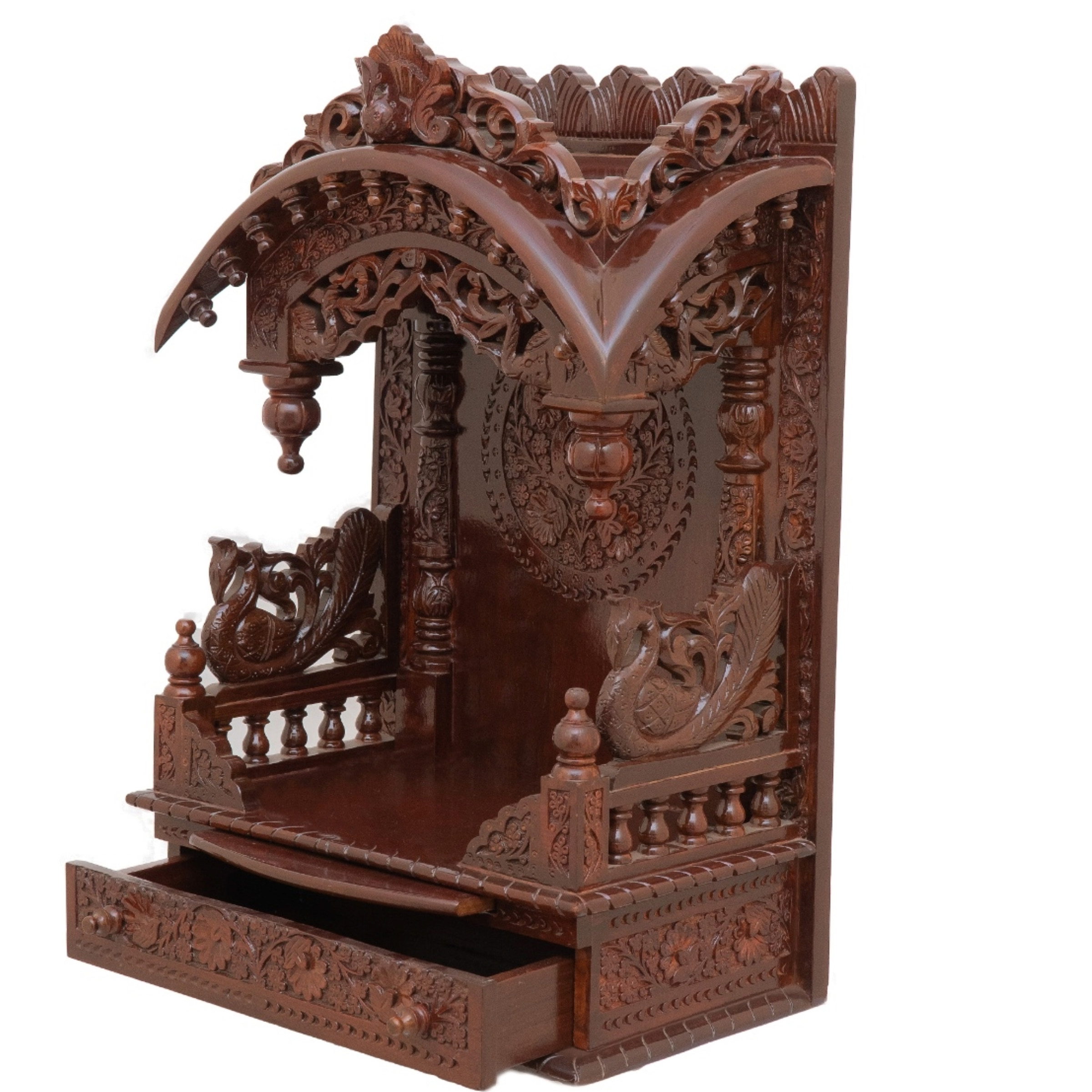 Feature the torana wooden mandir positioned to the left side of the image