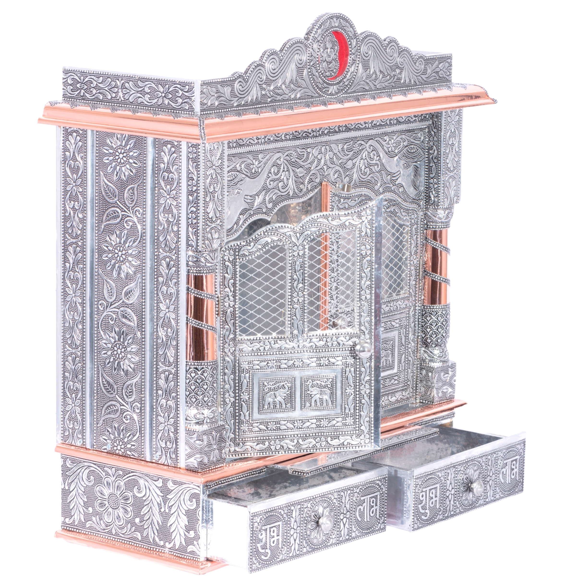 Present the copper oxidized mandir aligned to the right side with an removable shelf of the image, with the rest of the space depicted as a well-decorated room