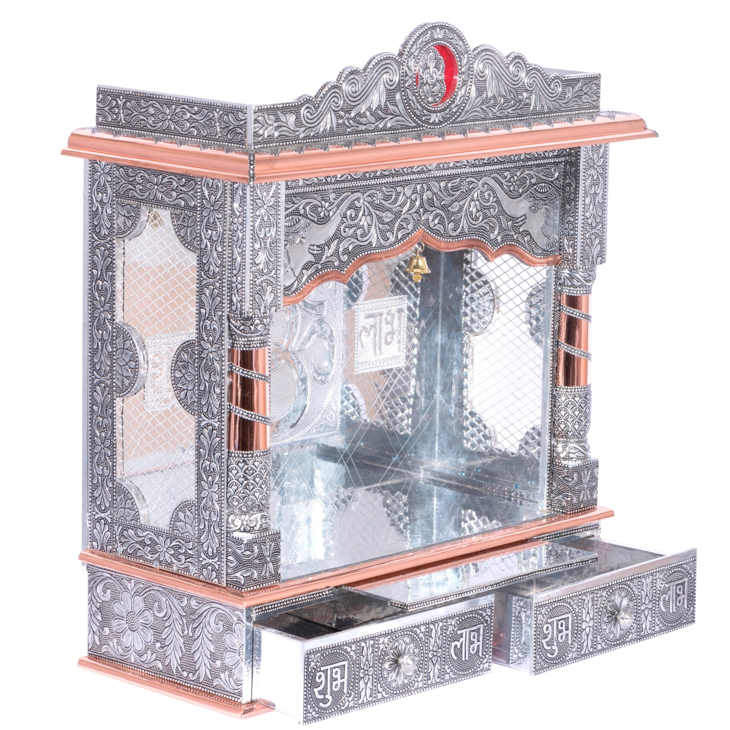 Present the copper oxidized mandir aligned to the right side with an removable shelf of the image, and the rest of the space depicted as a well-decorated room
