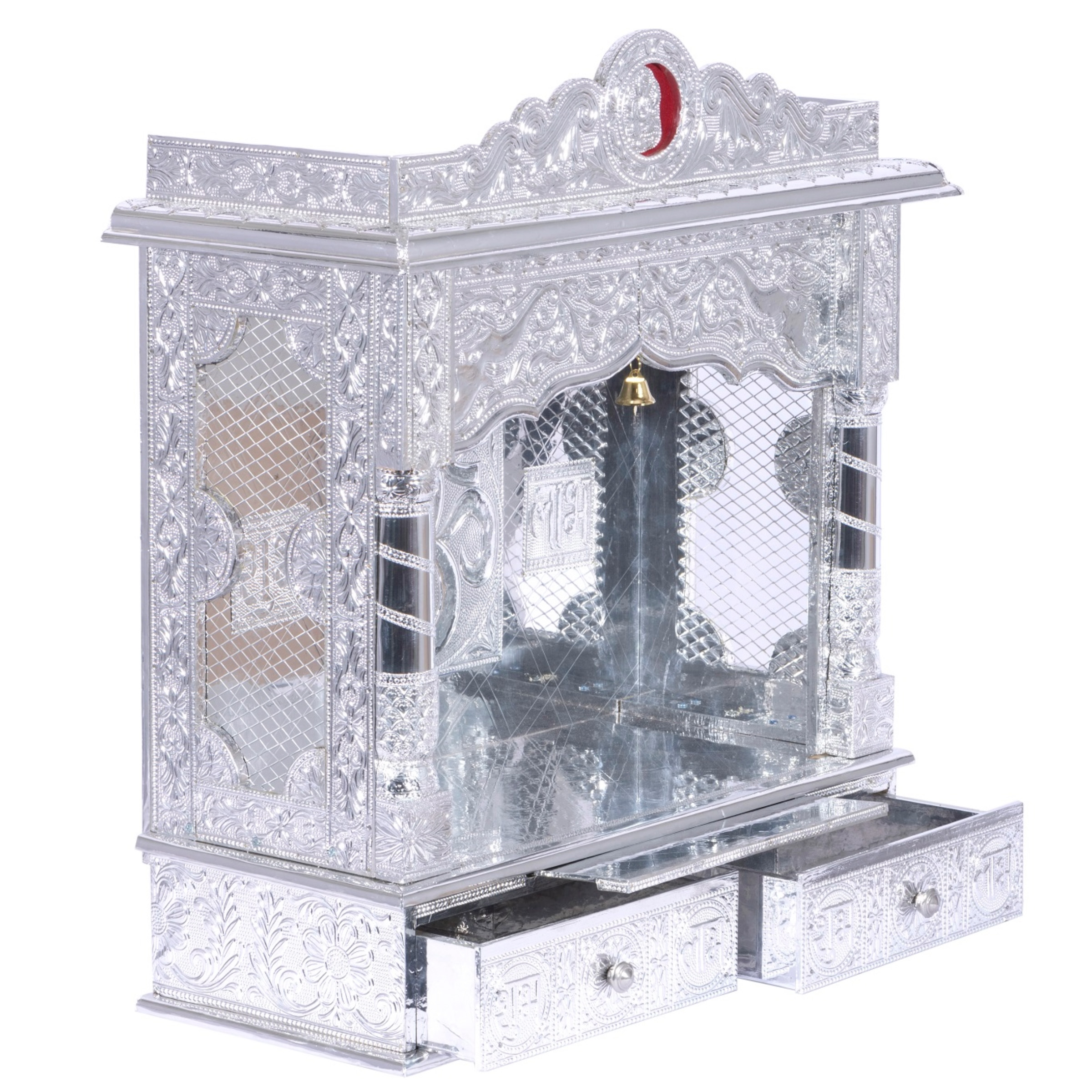 Present the Pure Silver color Mandir aligned to the right side of the image, and the rest of the space depicted as a well-decorated room