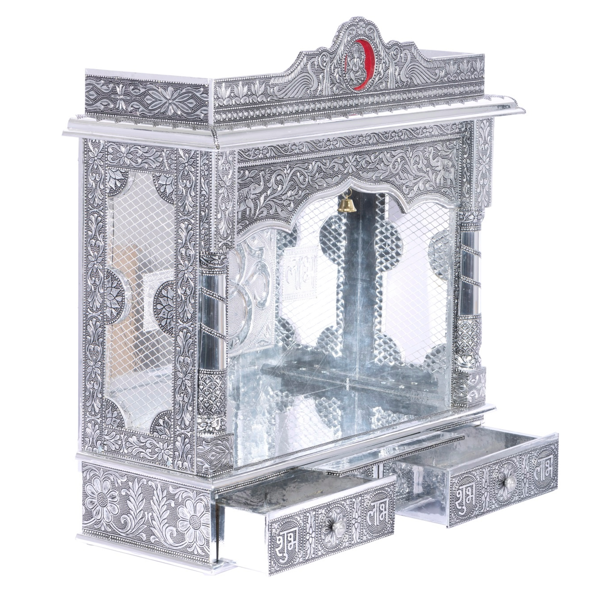 Present the White Oxidized Home Pooja Mandir aligned to the right side of the image, and the rest of the space depicted as a well-decorated room