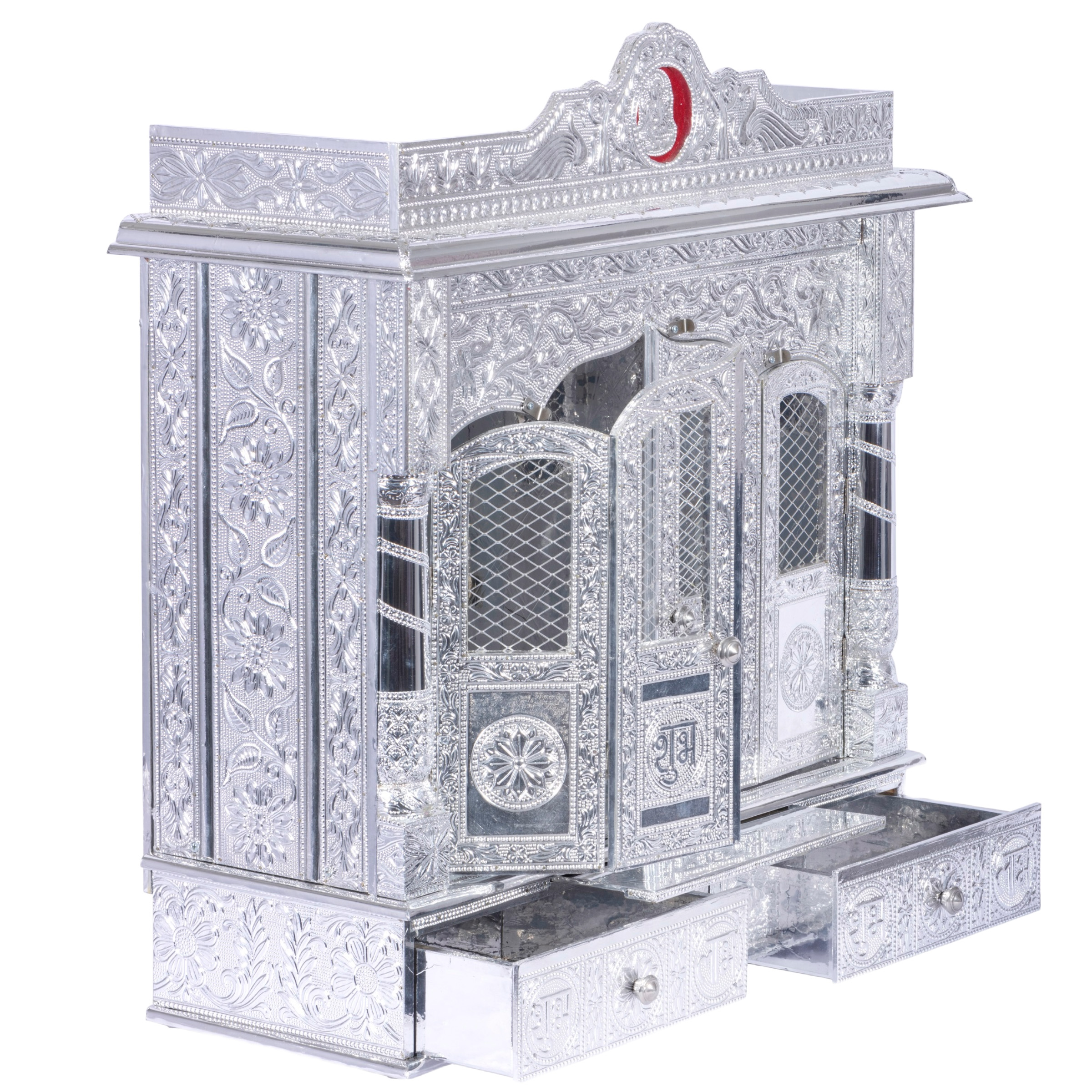 Present the Pure Silver color Mandir aligned to the right side of the image, and the rest of the space depicted as a well-decorated room