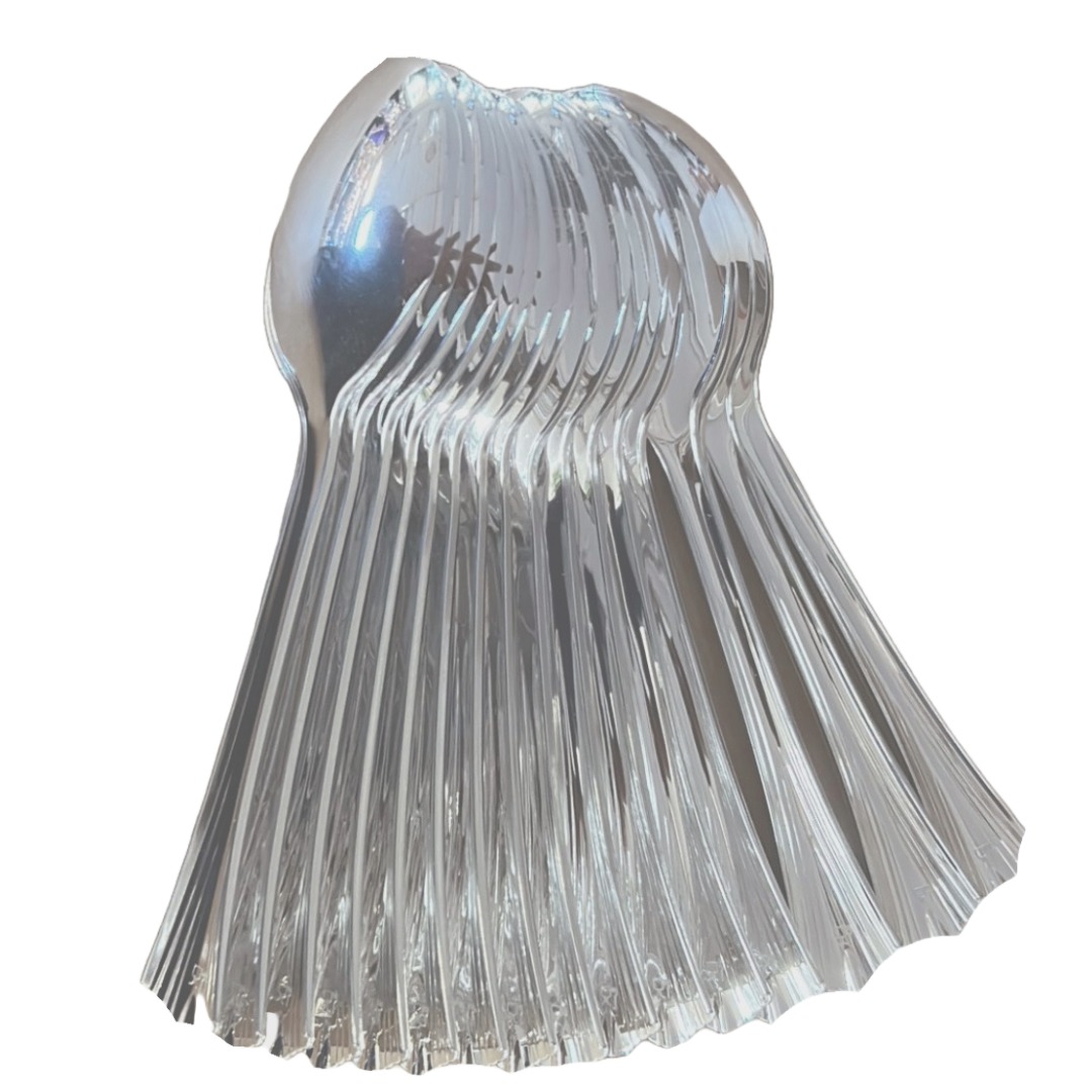 A neat bundle of silver spoons showcasing the shiny, reflective surface and uniform design of the spoon handles.