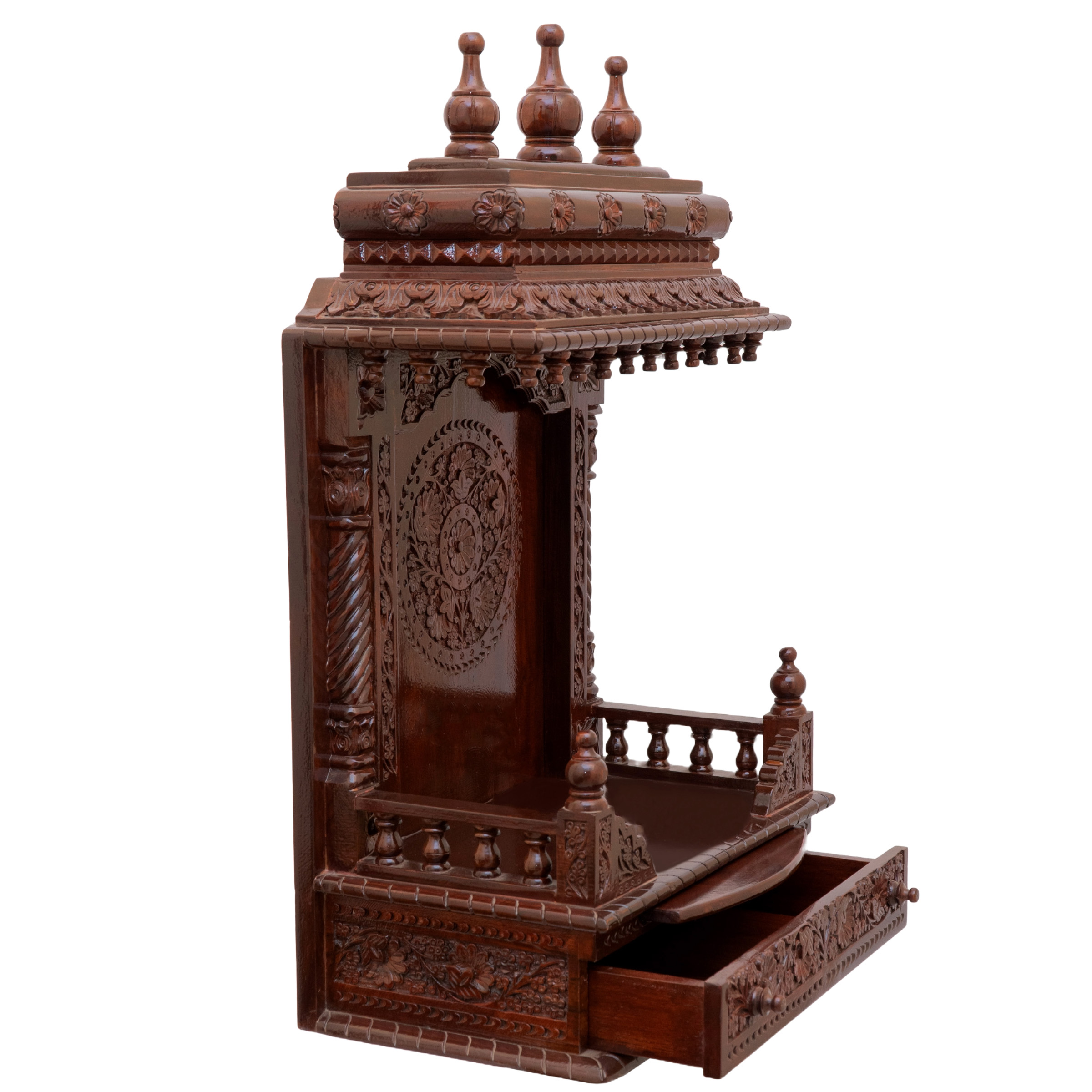 Present the gopura wooden mandir aligned to the right side of the image, with the rest of the space depicted as a well-decorated room