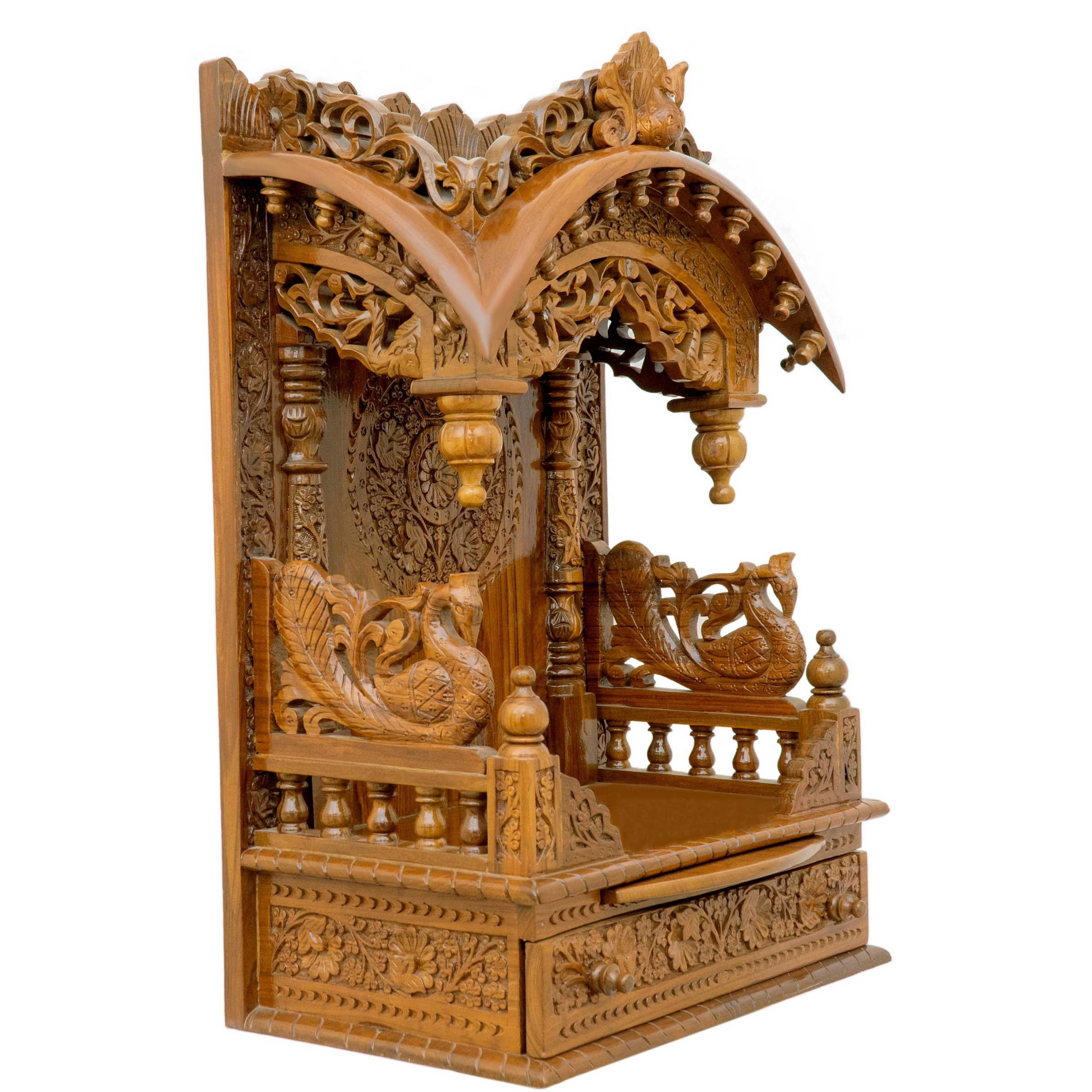 Present the torana wooden mandir aligned to the right side of the image, with the rest of the space depicted as a well-decorated room