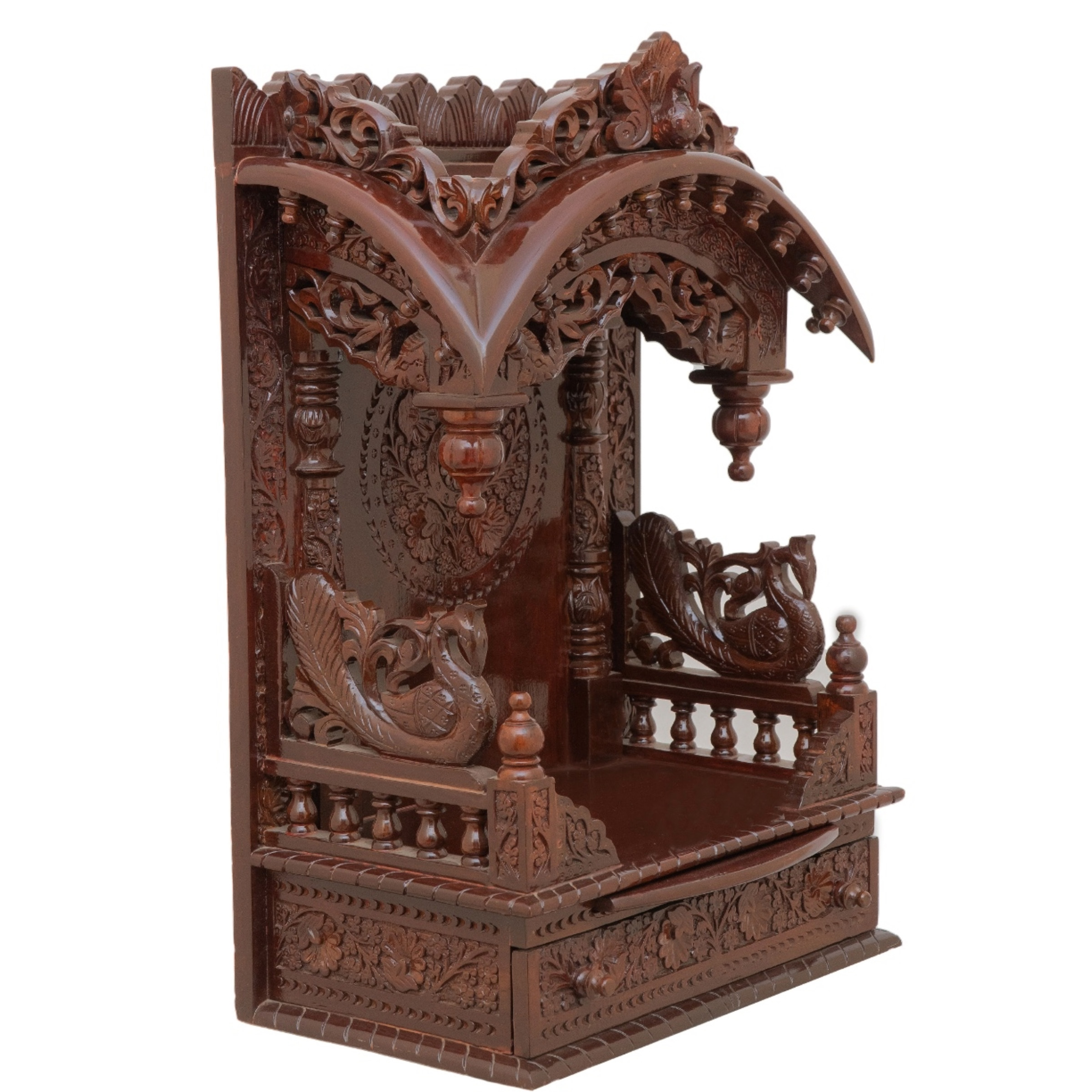 Present the torana wooden mandir aligned to the right side of the image, with the rest of the space depicted as a well-decorated room