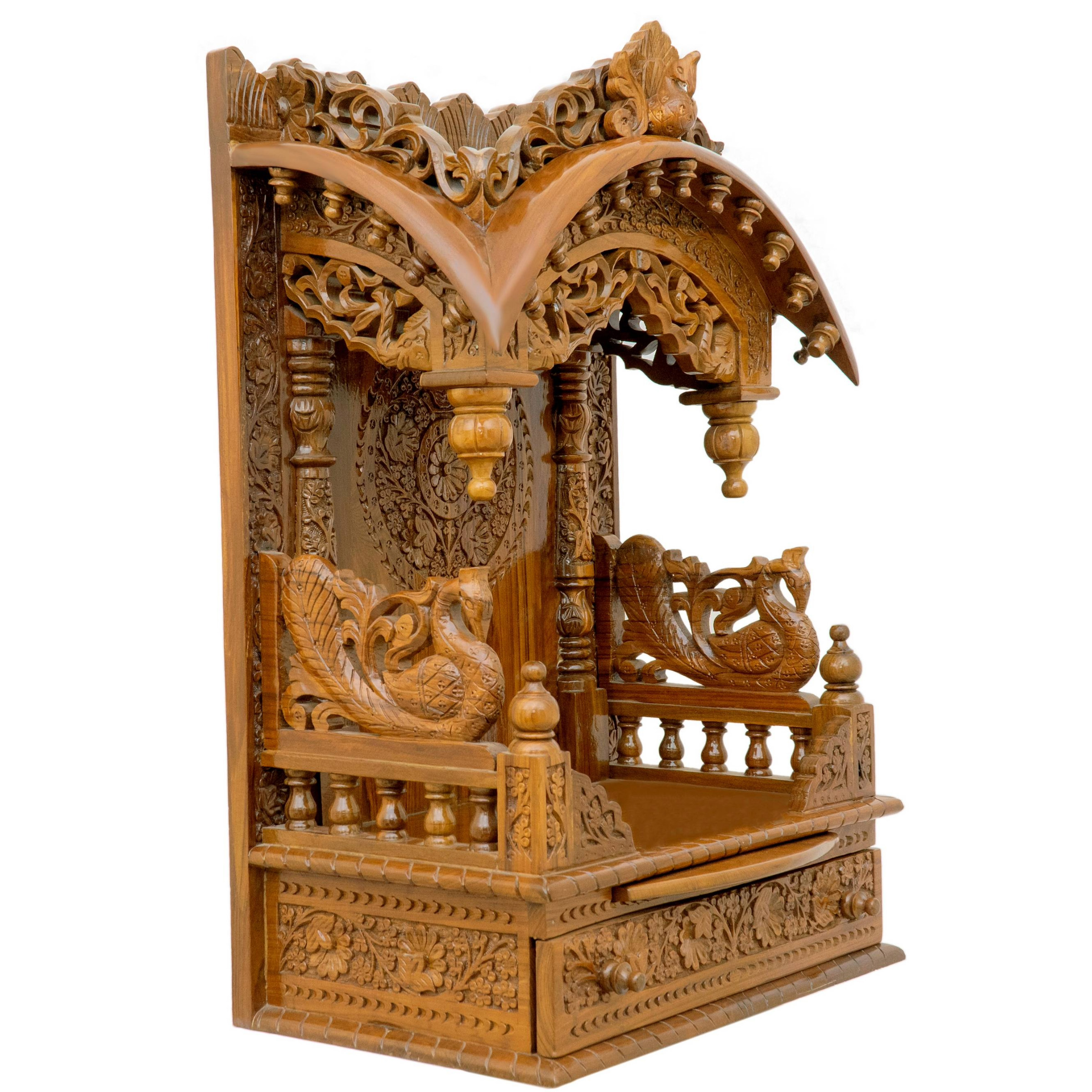 Present the torana wooden mandir aligned to the right side of the image, with the rest of the space depicted as a well-decorated room