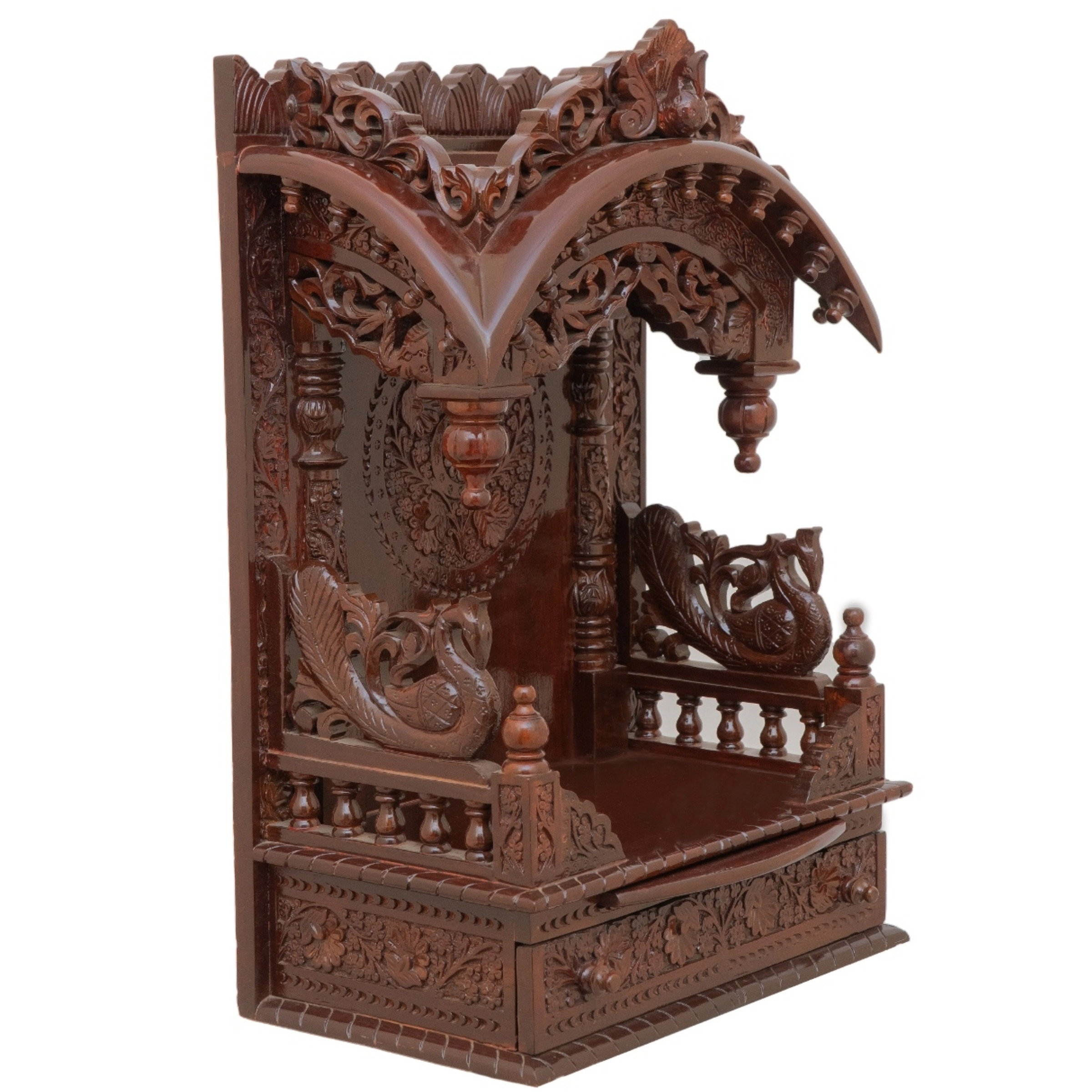 Present the torana wooden mandir aligned to the right side of the image, with the rest of the space depicted as a well-decorated room