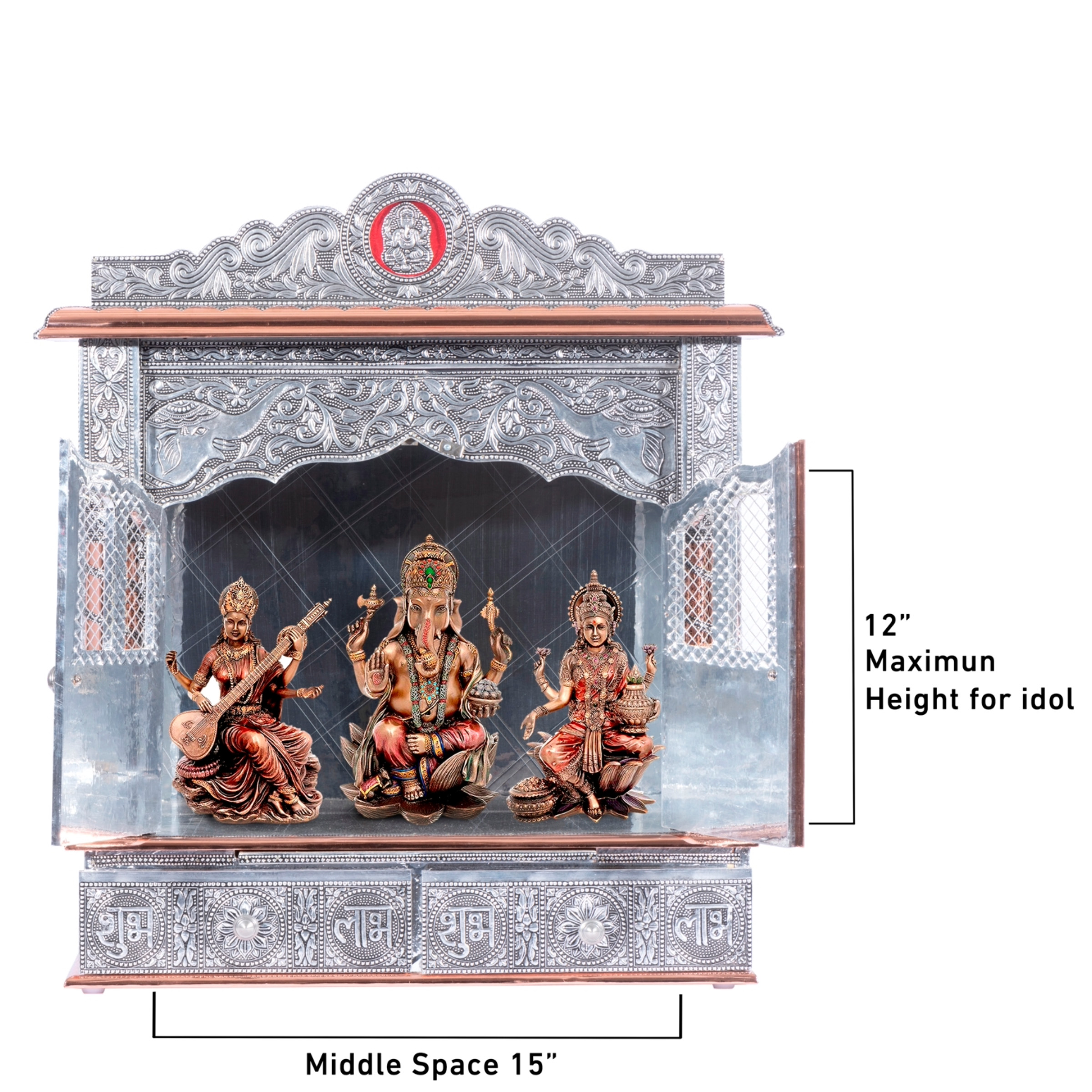 Show the interior of the copper oxidized mandir with a deity or spiritual figure prominently displayed.