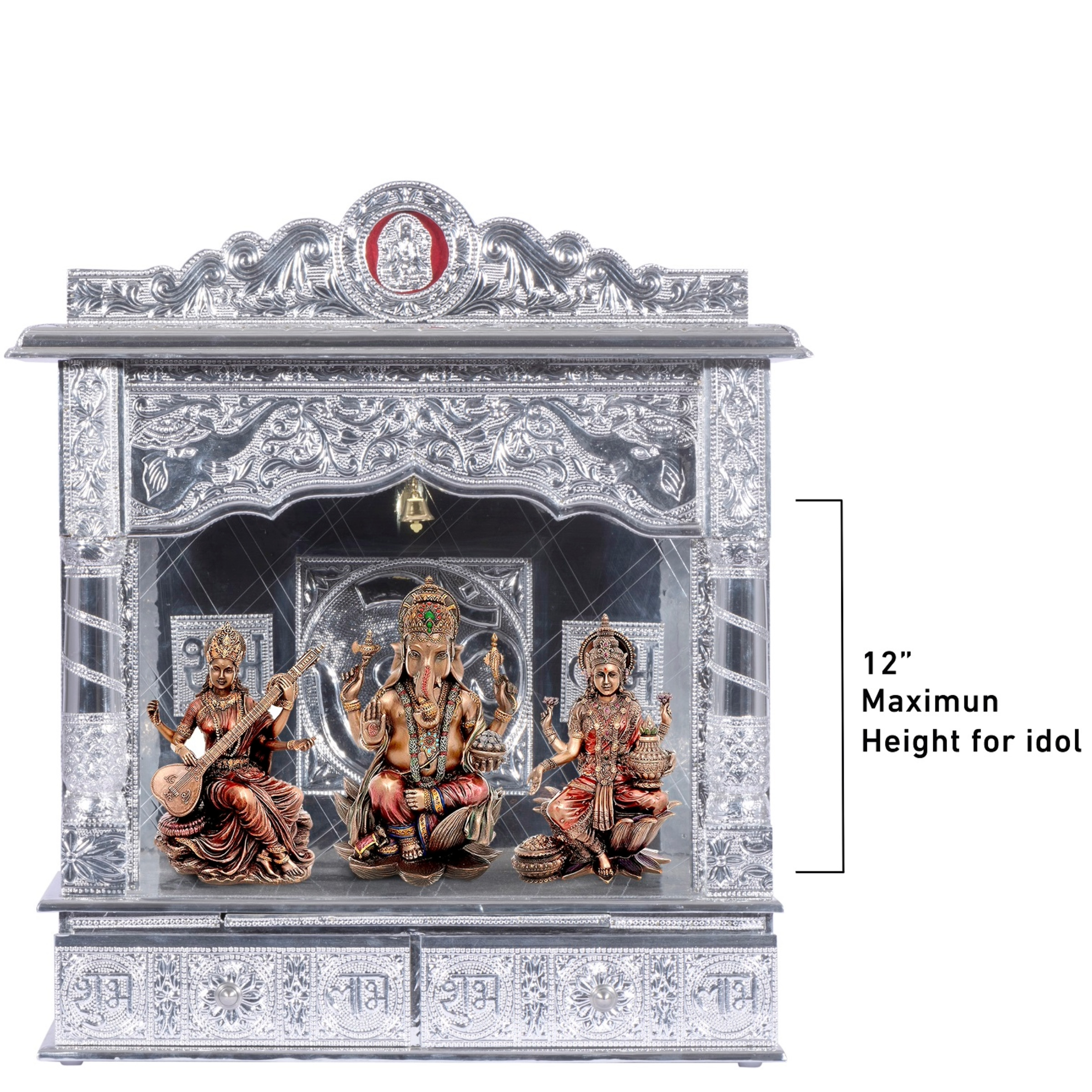 Show the interior of the Pure Silver Color Mandir with a deity or spiritual figure prominently displayed.