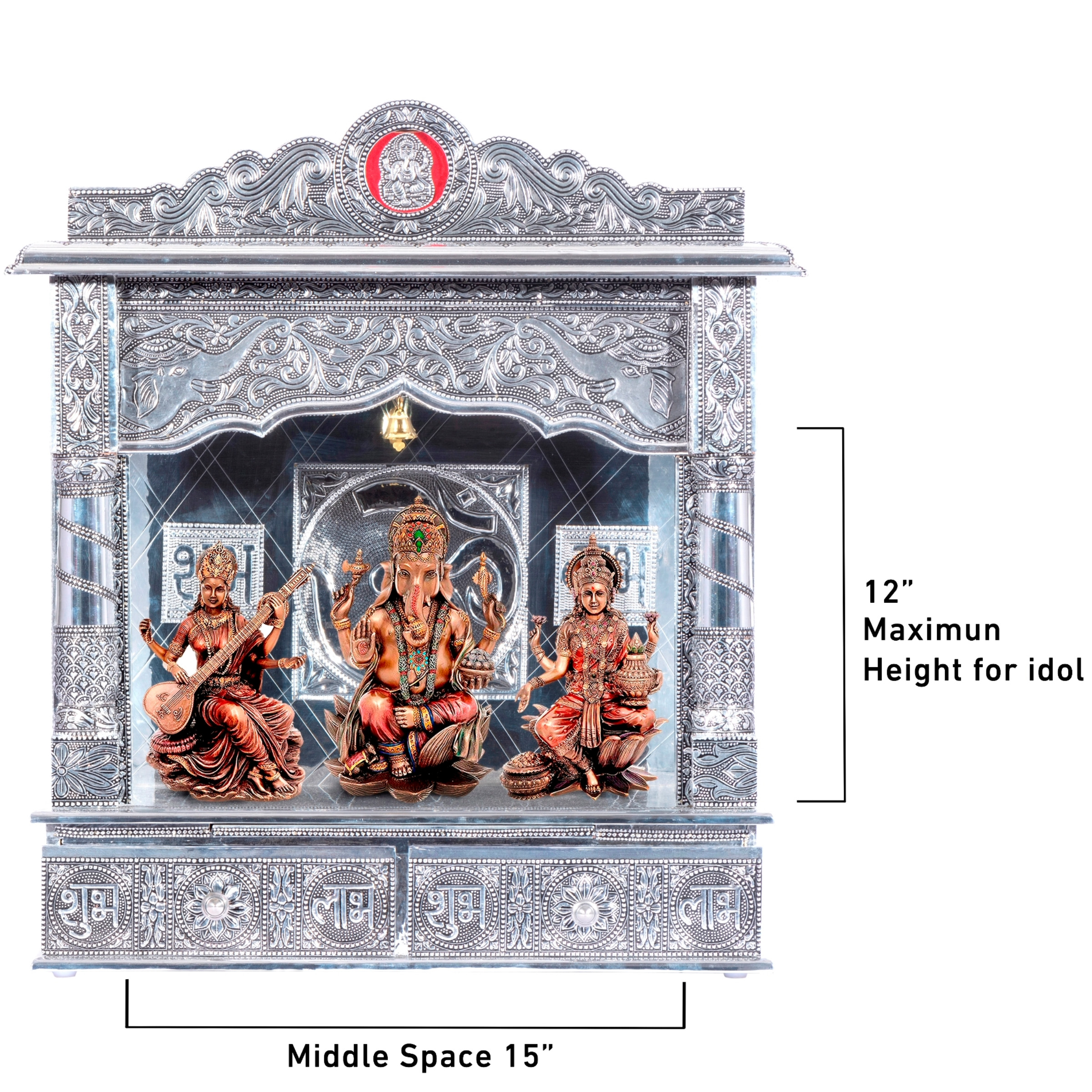 Show the interior of the White Oxidized Home Pooja Mandir with a deity or spiritual figure prominently displayed.