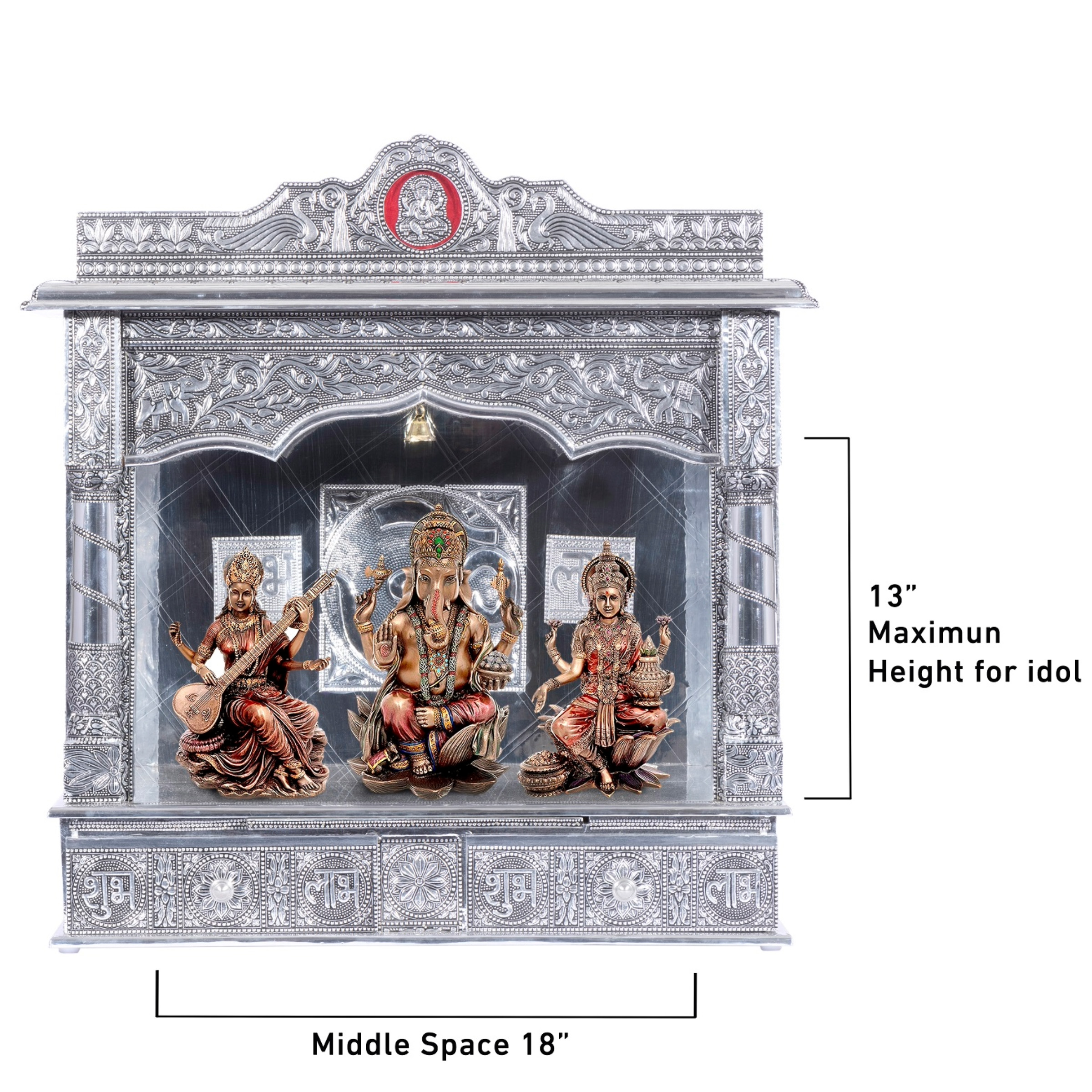 Show the interior of the White Oxidized Home Pooja Mandir with a deity or spiritual figure prominently displayed.