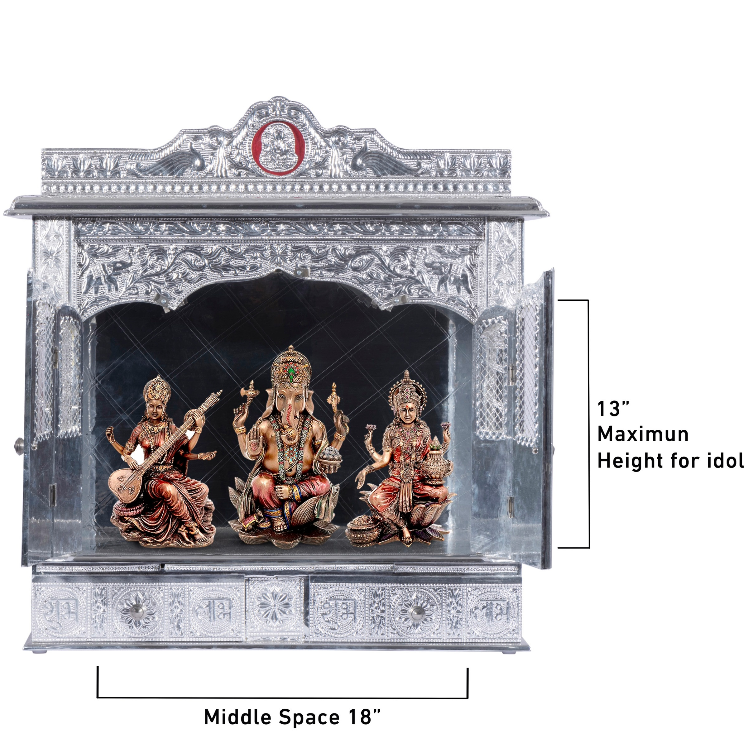 Show the interior of the Pure Silver Color Mandir with a deity or spiritual figure prominently displayed.